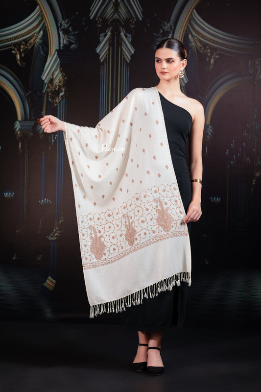 Pashtush India womens scarf and Stoles Pashtush Womens Extra Fine Wool Stole, Paisley Embroidery Palla Design, Ivory