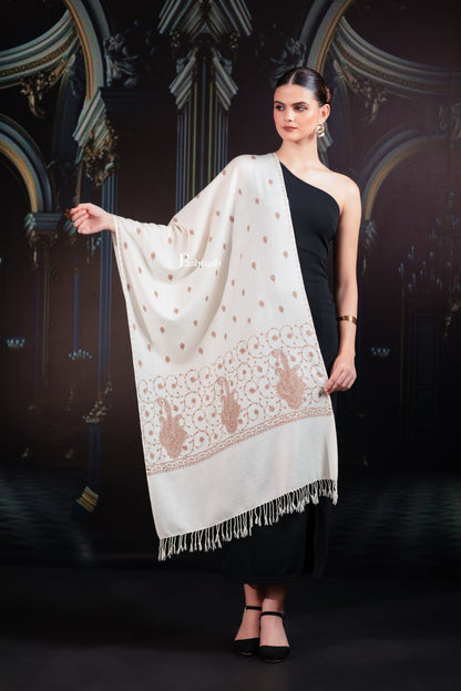 Pashtush India womens scarf and Stoles Pashtush Womens Extra Fine Wool Stole, Paisley Embroidery Palla Design, Ivory