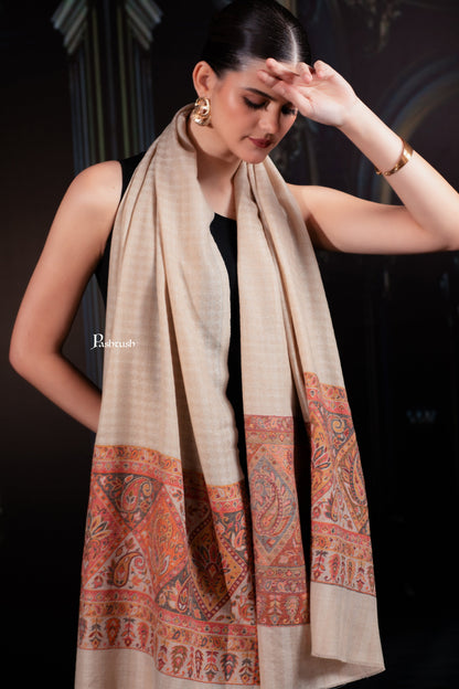 Pashtush India womens scarf and Stoles Pashtush Womens Extra Fine Wool Stole, Paisley Palla Design, Beige