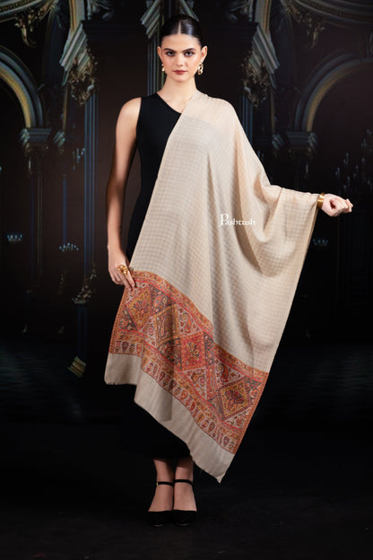 Pashtush India womens scarf and Stoles Pashtush Womens Extra Fine Wool Stole, Paisley Palla Design, Beige