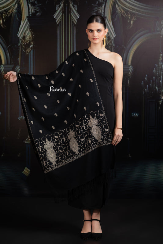 Pashtush India womens scarf and Stoles Pashtush Womens Extra Fine Wool Stole, Paisley Ton On Ton Embroidery Palla Design, Black