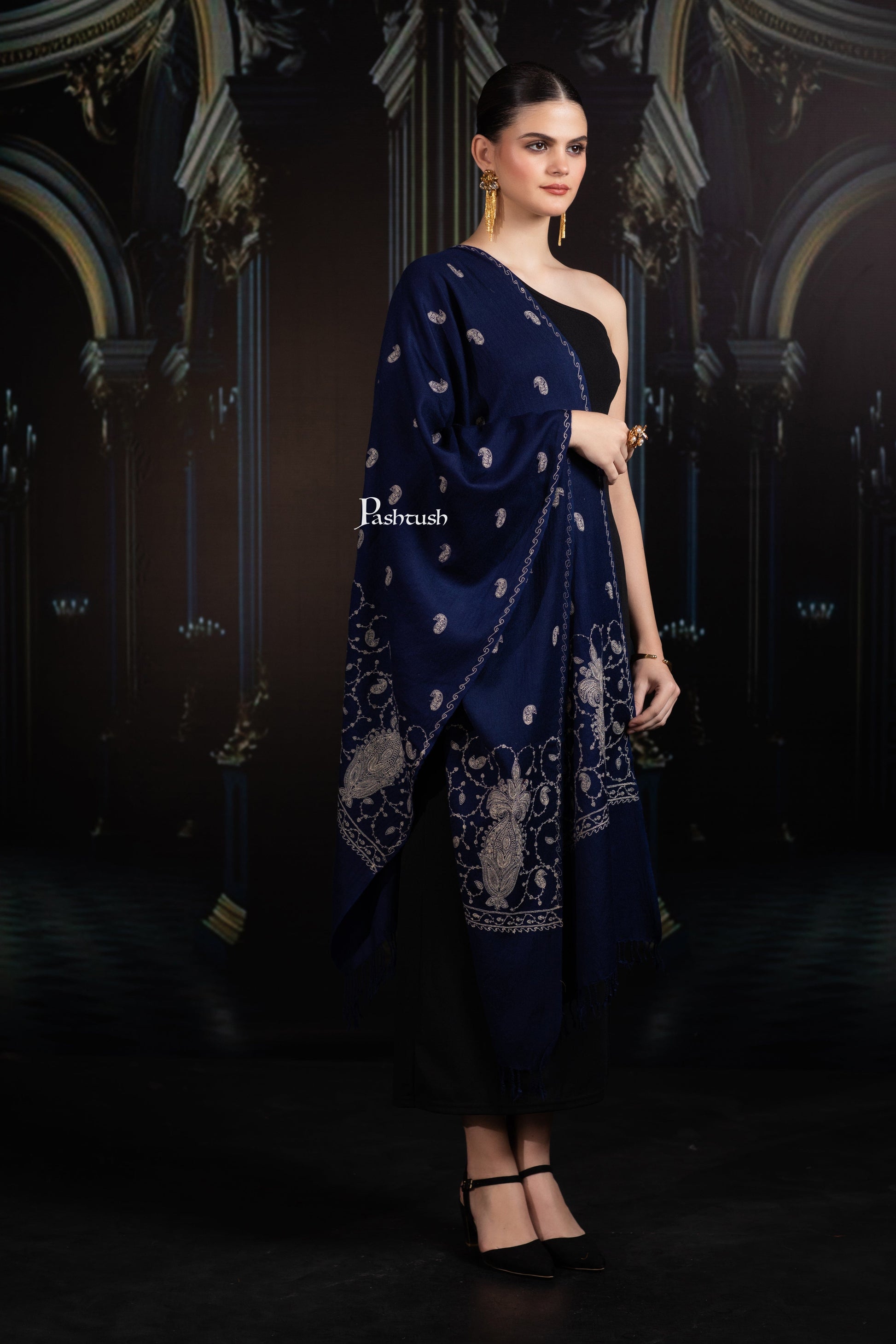 Pashtush India womens scarf and Stoles Pashtush Womens Extra Fine Wool Stole, Paisley Ton On Ton Embroidery Palla Design, Blue