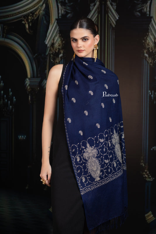 Pashtush India womens scarf and Stoles Pashtush Womens Extra Fine Wool Stole, Paisley Ton On Ton Embroidery Palla Design, Blue