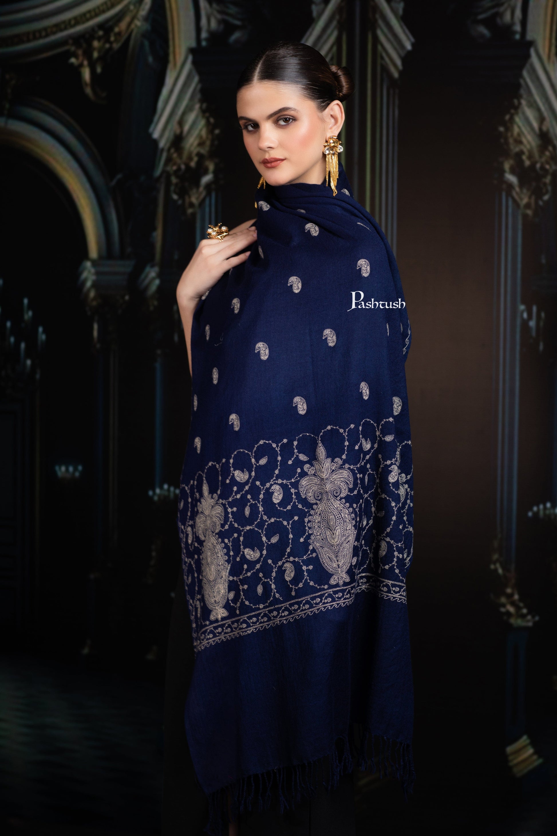 Pashtush India womens scarf and Stoles Pashtush Womens Extra Fine Wool Stole, Paisley Ton On Ton Embroidery Palla Design, Blue