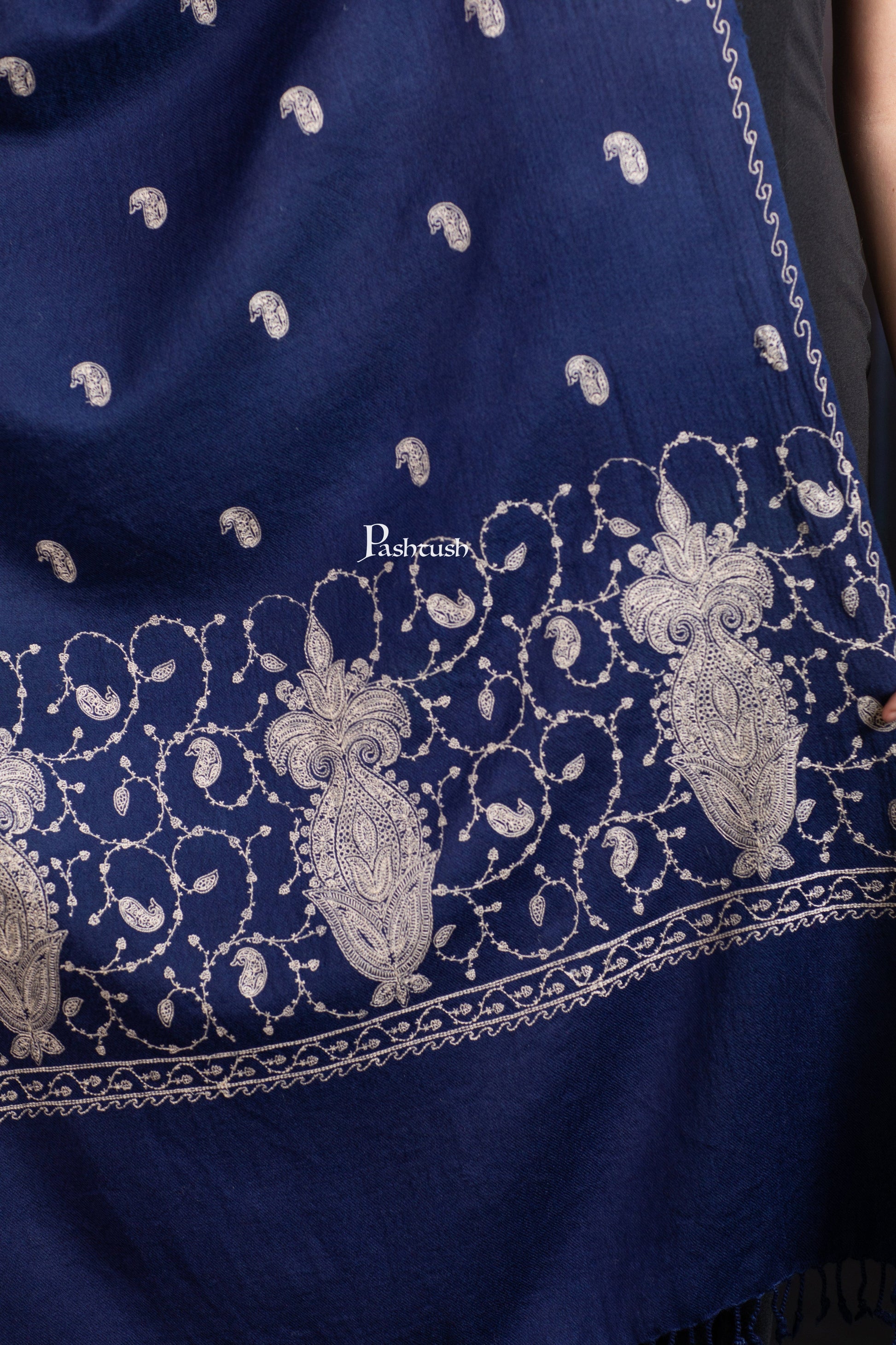 Pashtush India womens scarf and Stoles Pashtush Womens Extra Fine Wool Stole, Paisley Ton On Ton Embroidery Palla Design, Blue