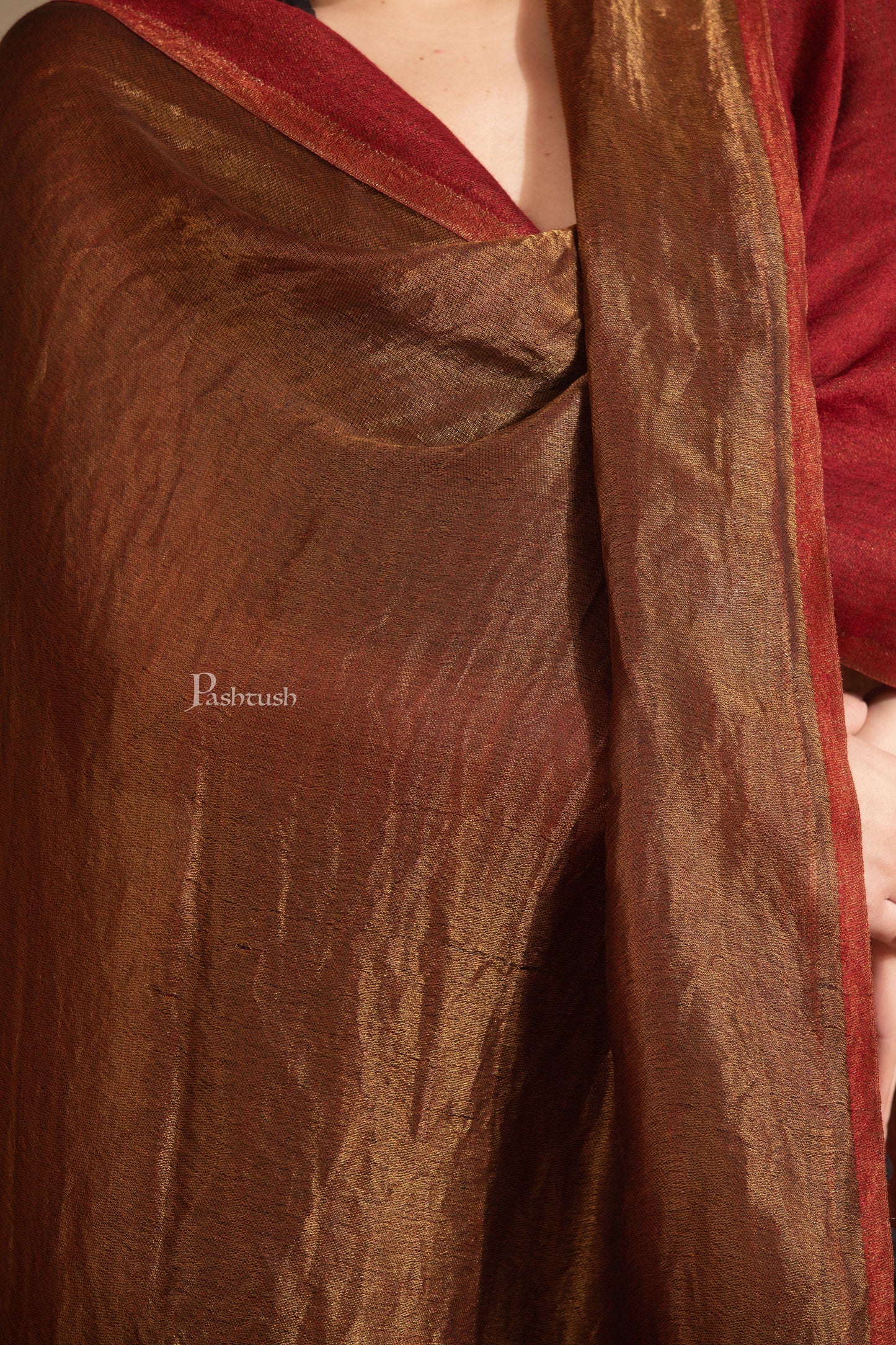 Pashtush India Womens Stoles and Scarves Scarf Pashtush Womens Extra Fine Wool Stole, Reversible Zari Design, Maroon