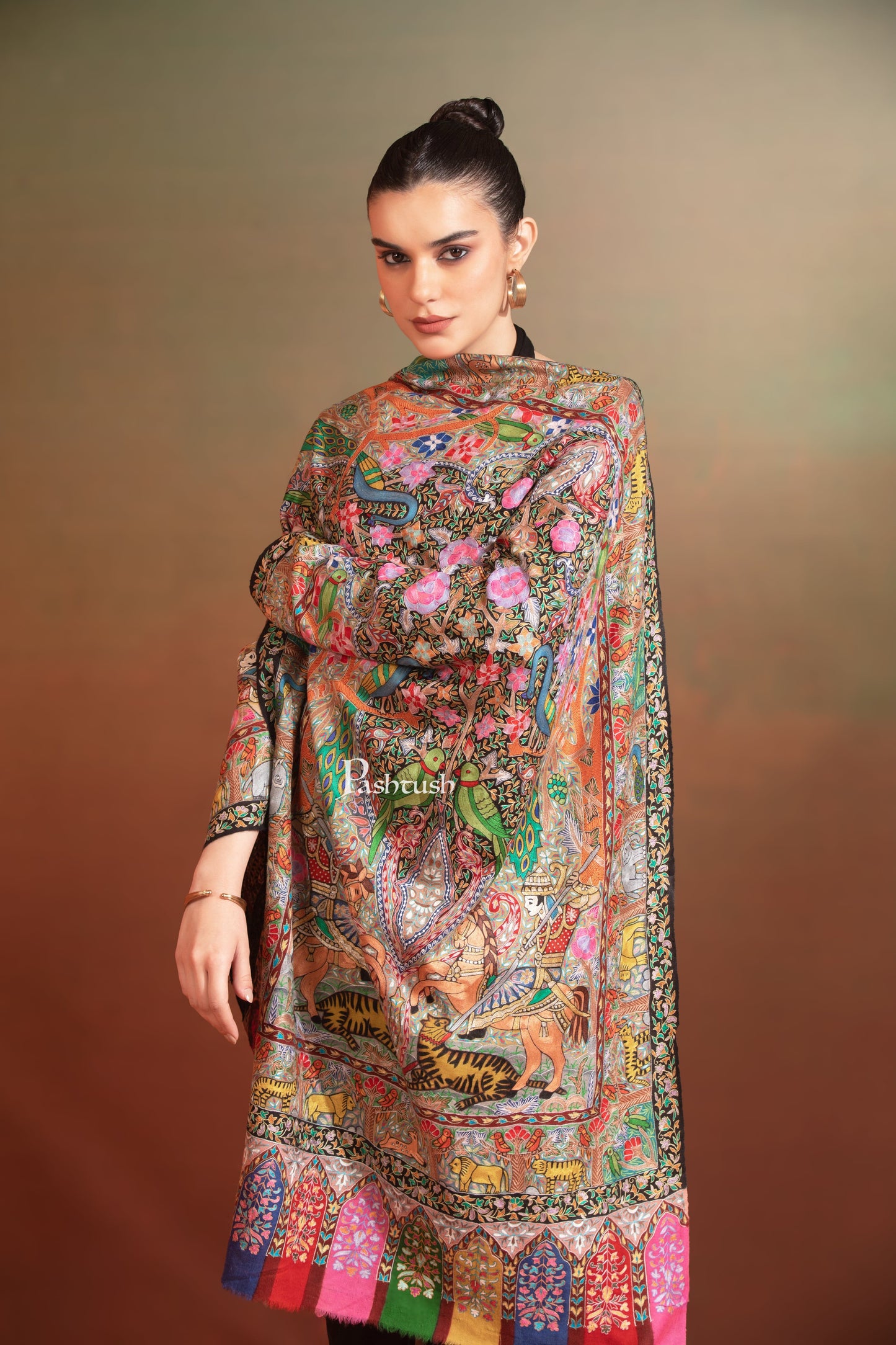 Pashtush India Womens Stole Pashtush Womens Extra Fine Wool Stole, Shikaar-Dar Hand Embroidered, Hand Painted Kalamkari Design, Multicolour