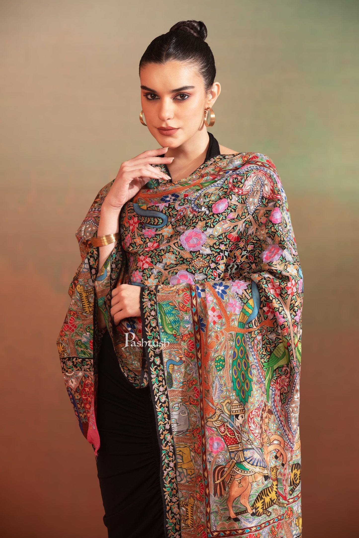Pashtush India Womens Stole Pashtush Womens Extra Fine Wool Stole, Shikaar-Dar Hand Embroidered, Hand Painted Kalamkari Design, Multicolour