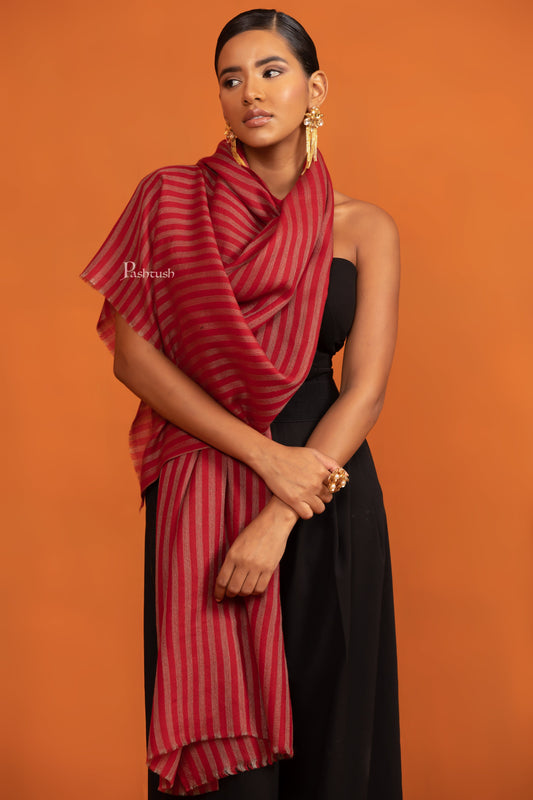Pashtush India womens scarf and Stoles Pashtush Womens Extra Fine Wool Stole, Stripe Design, Red