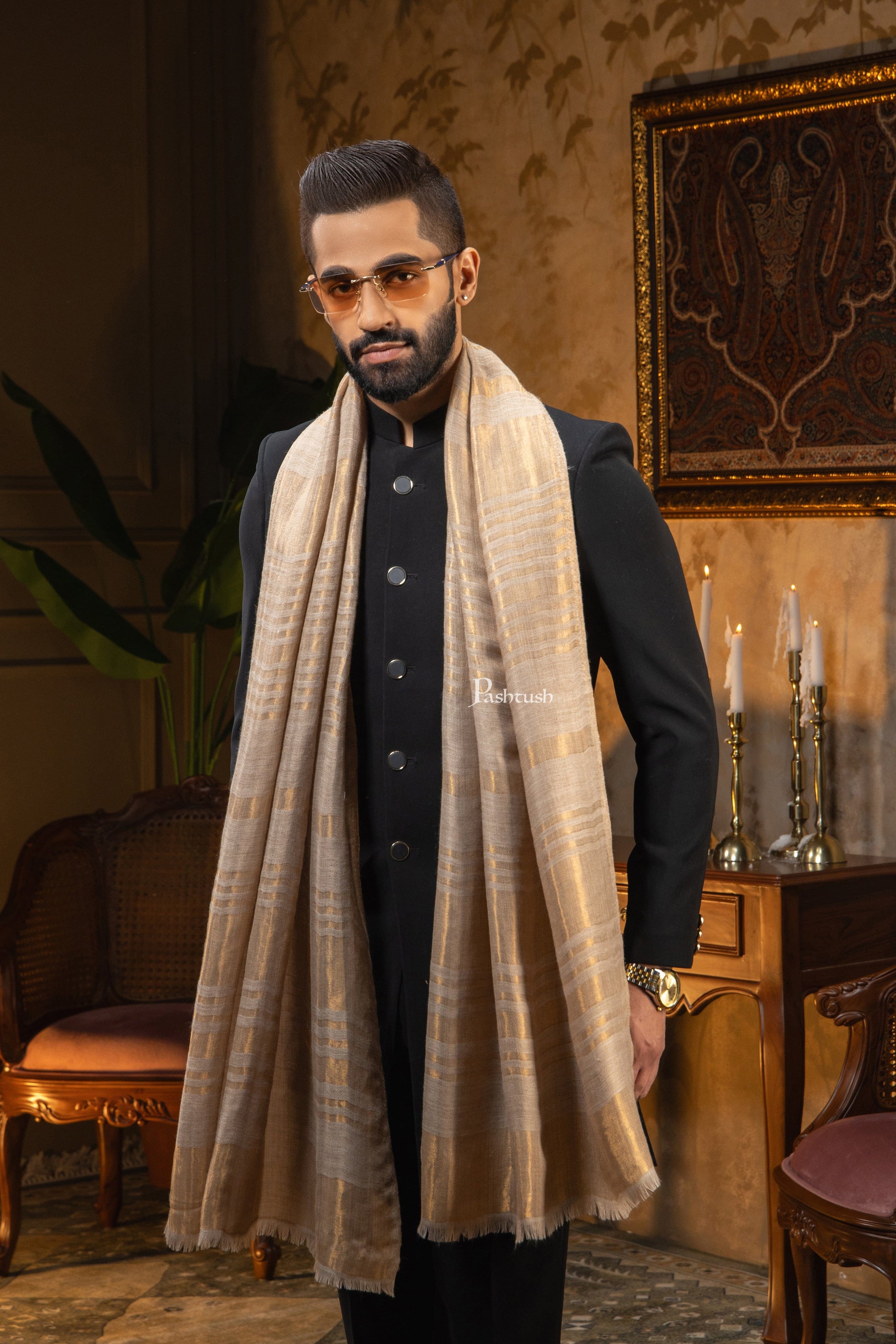 Pashtush India Mens Scarves Stoles and Mufflers Pashtush Womens Extra Fine Wool Stole, Stripe Twilight Design, Golden