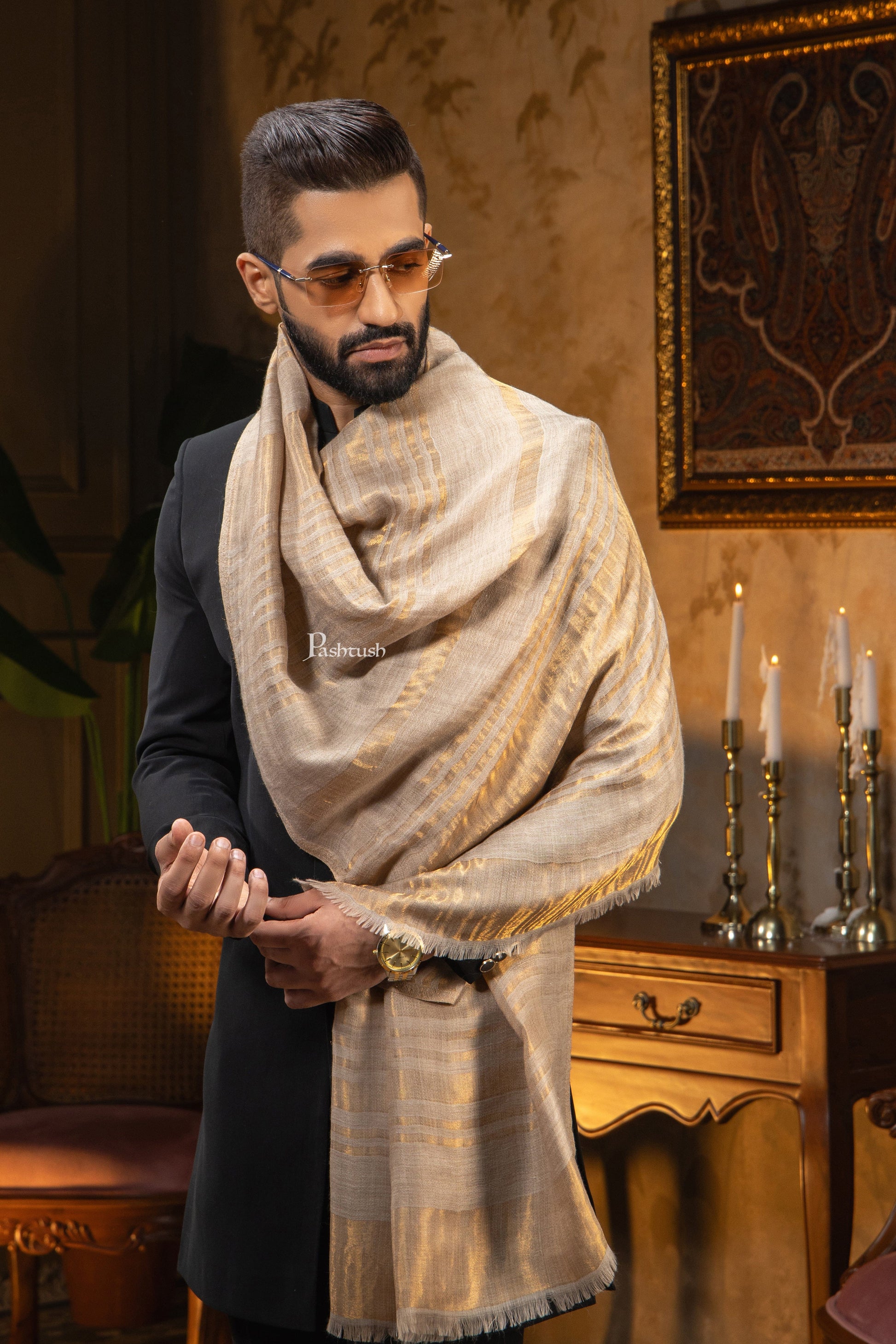 Pashtush India Mens Scarves Stoles and Mufflers Pashtush Womens Extra Fine Wool Stole, Stripe Twilight Design, Golden