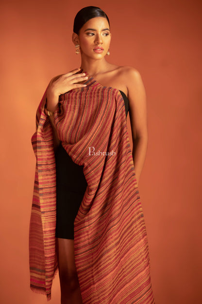 Pashtush India womens scarf and Stoles Pashtush Womens Extra Fine Wool Stole, Stripe With Zari  Design, Multicolour
