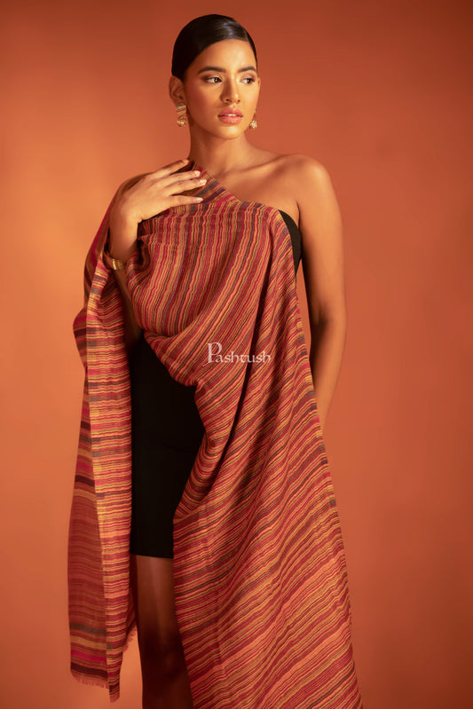 Pashtush India womens scarf and Stoles Pashtush Womens Extra Fine Wool Stole, Stripe With Zari  Design, Multicolour