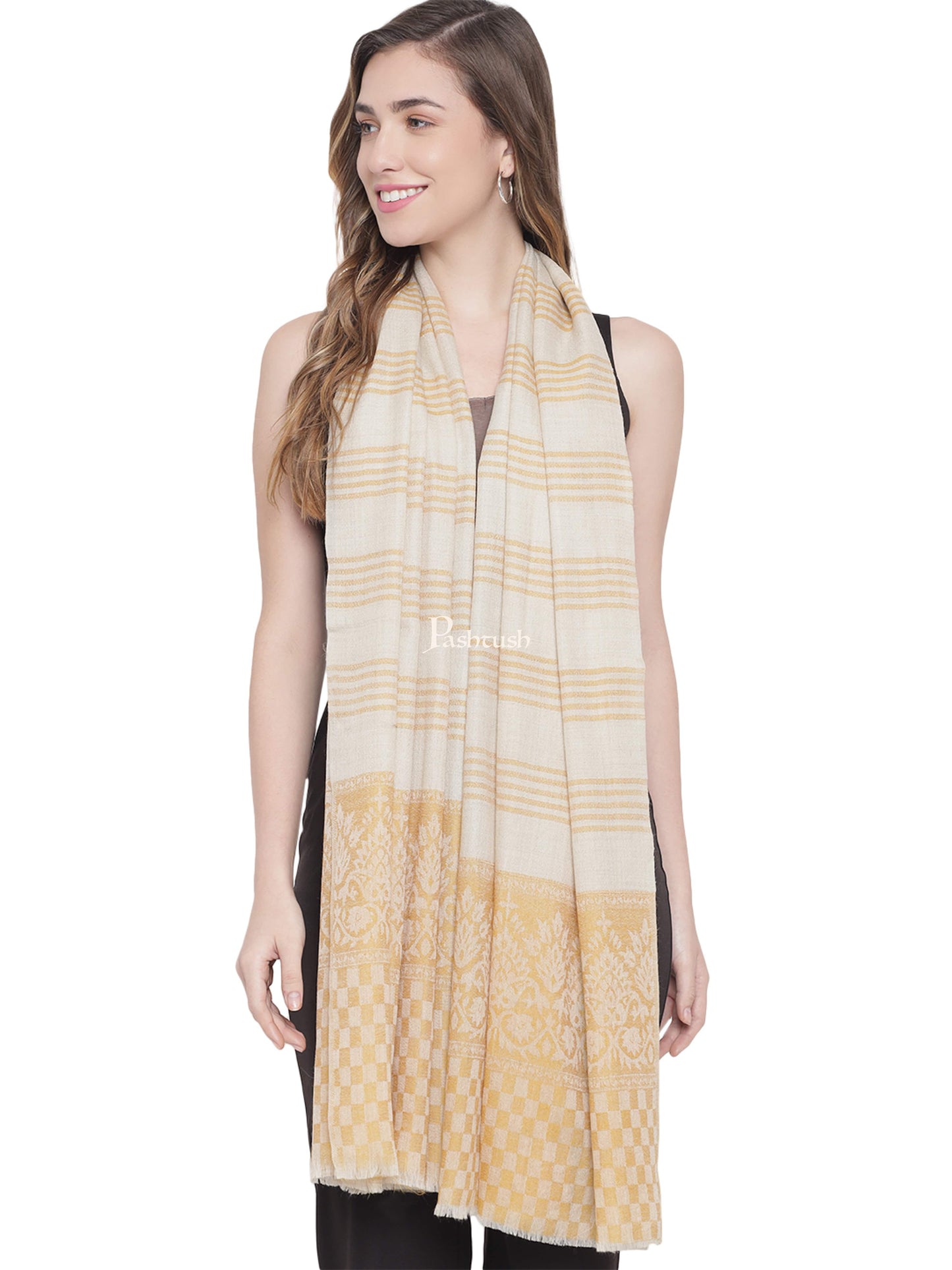Pashtush India Womens Stoles and Scarves Scarf Pashtush Womens Extra Fine Wool Stole, Striped Weave, Sunflower,Yellow