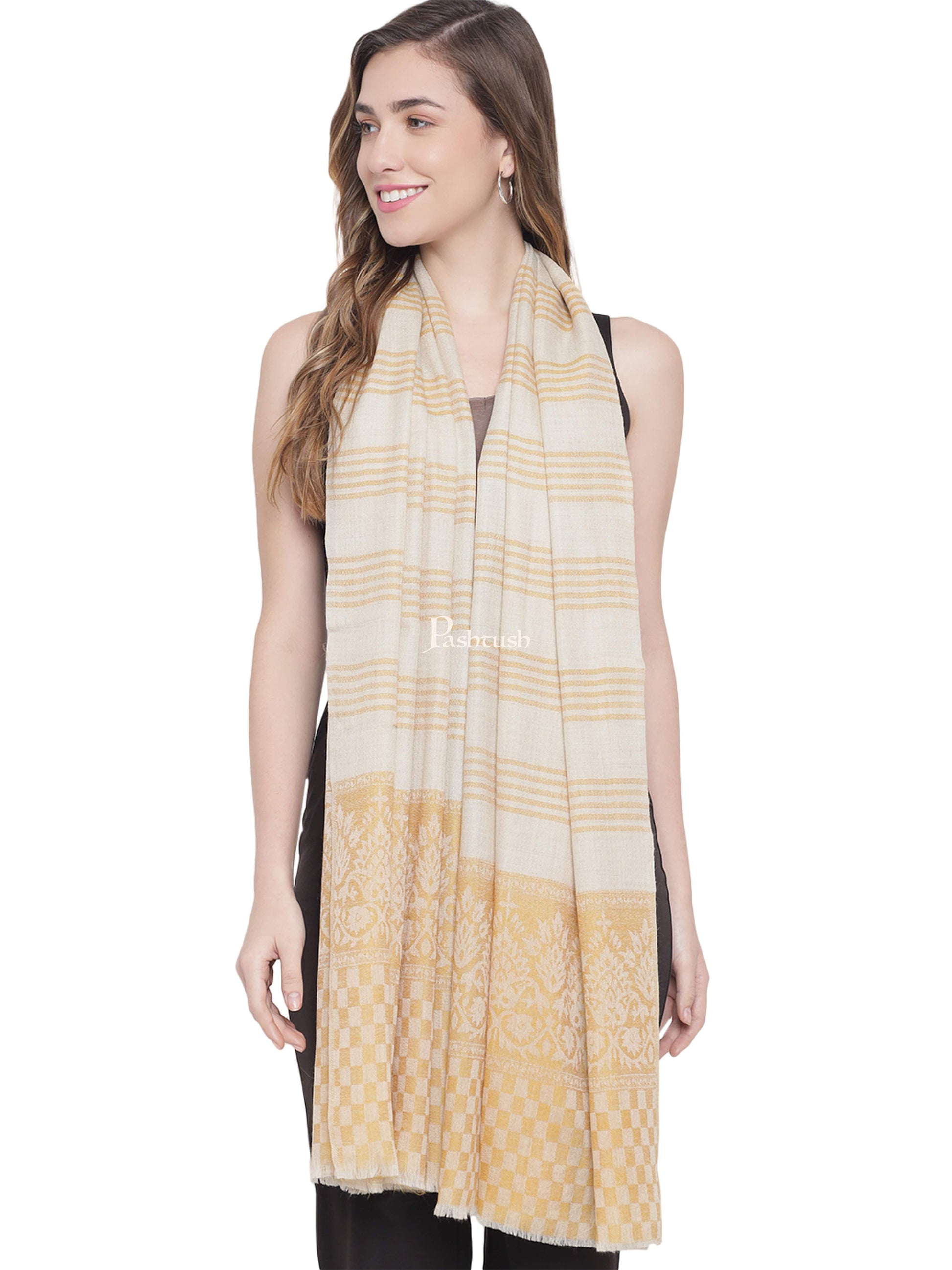 Pashtush India Womens Stoles and Scarves Scarf Pashtush Womens Extra Fine Wool Stole, Striped Weave, Sunflower,Yellow