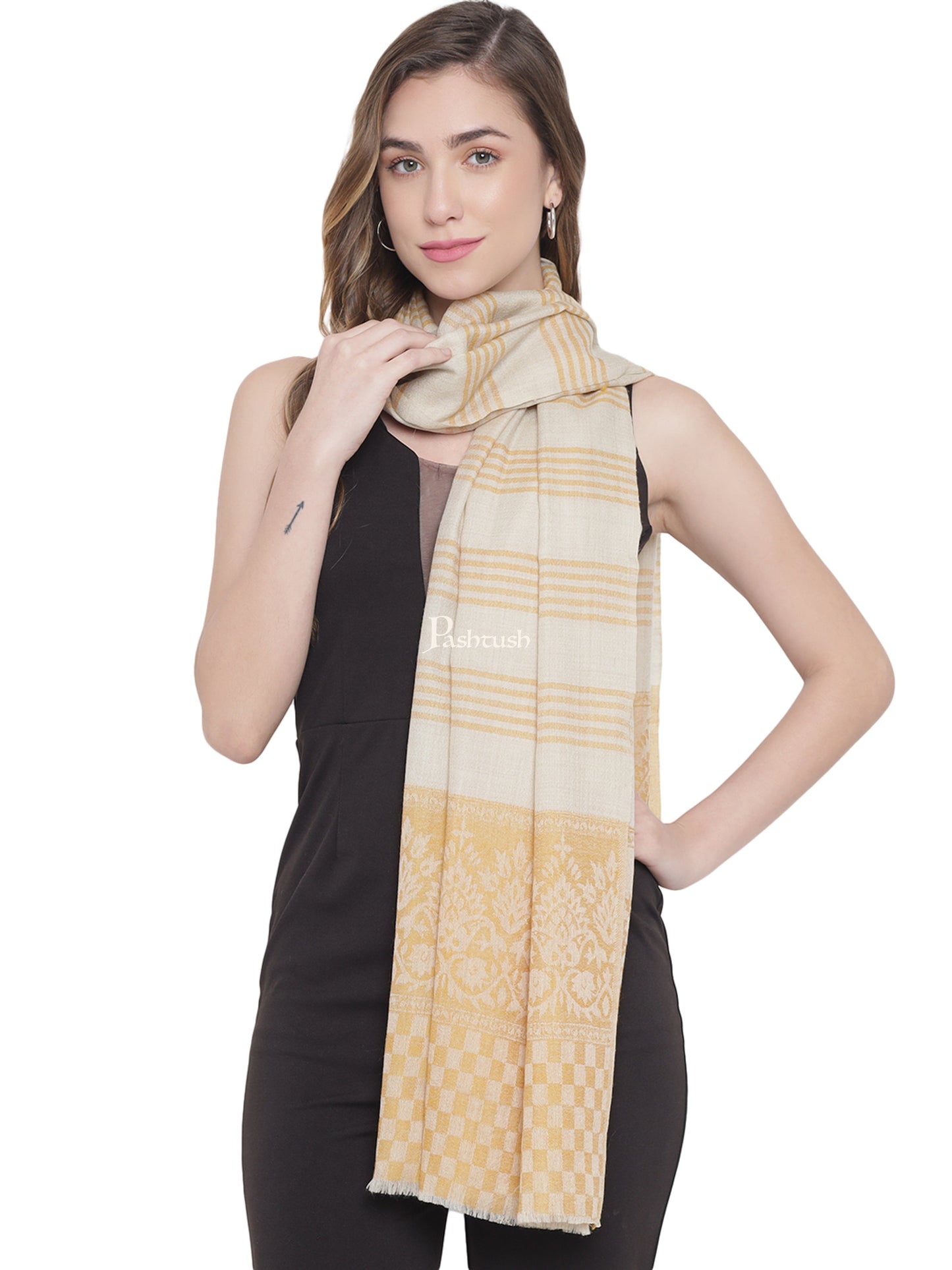 Pashtush India Womens Stoles and Scarves Scarf Pashtush Womens Extra Fine Wool Stole, Striped Weave, Sunflower,Yellow
