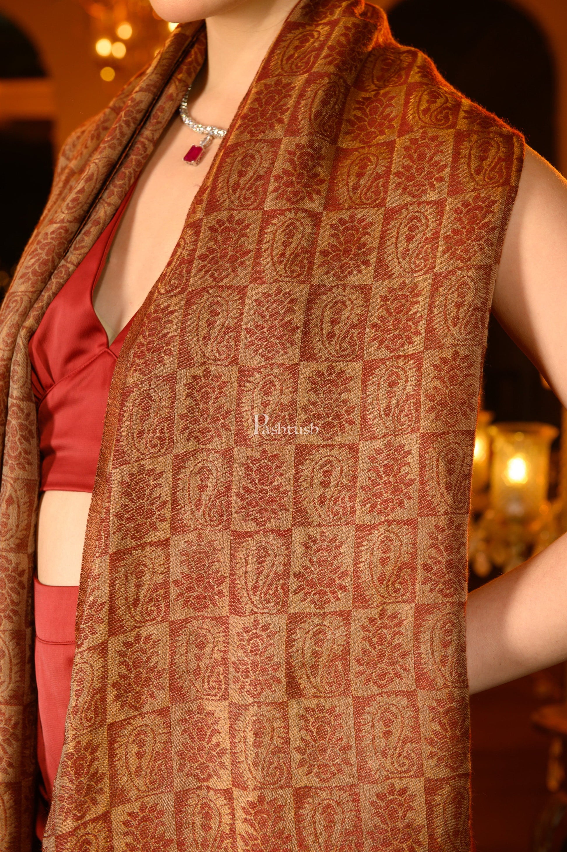 Pashtush India Womens Stoles and Scarves Scarf Pashtush Womens Extra Fine Wool Stole, Twilight Collection Reversible Design, Maroon