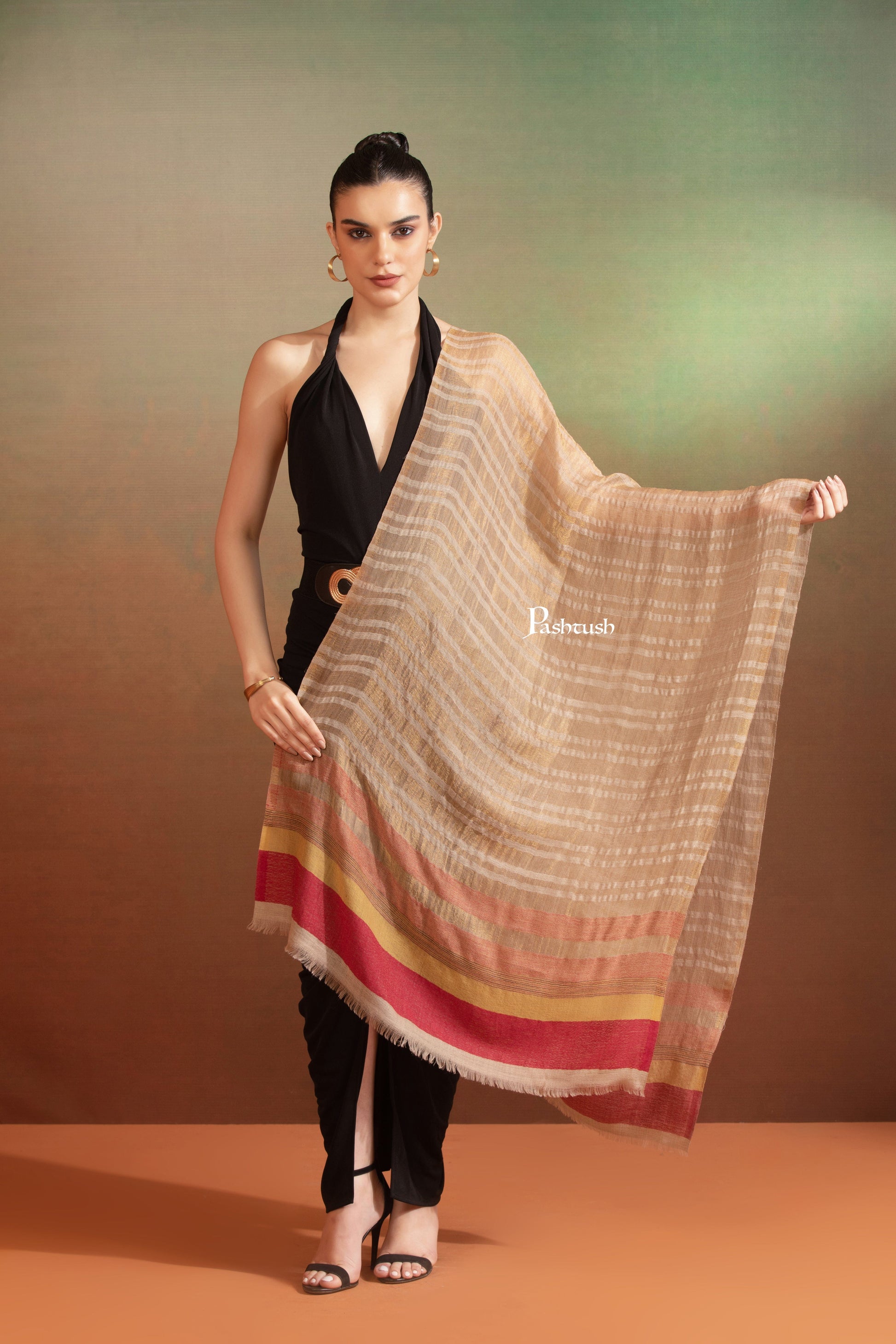 Pashtush India Womens Stoles and Scarves Scarf Pashtush Womens Extra Fine Wool Stole, Twilight Collection, Shimmery Weave Beige And Maroon