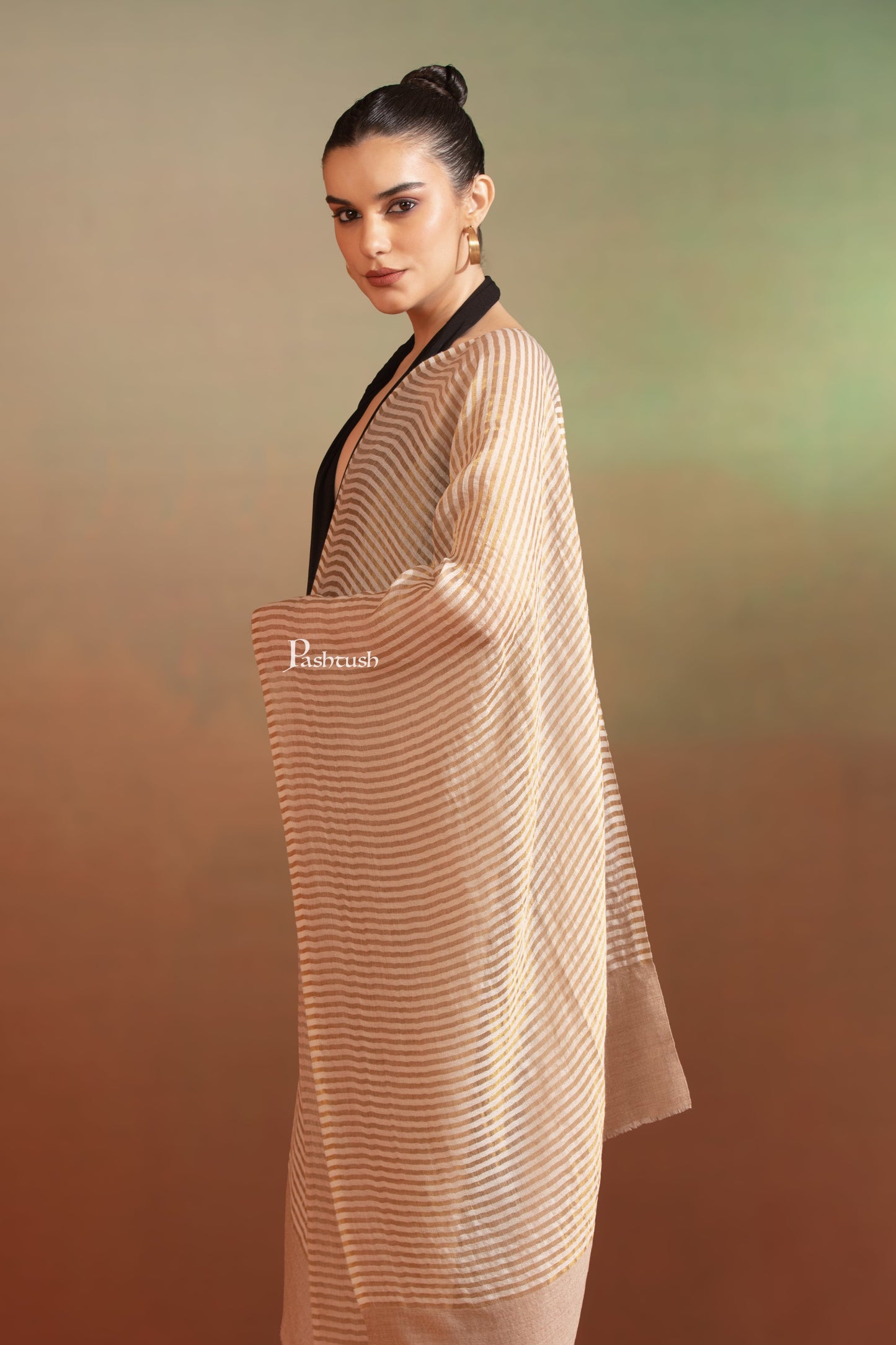 Pashtush India Womens Stoles and Scarves Scarf Pashtush Womens Extra Fine Wool Stole, Twilight Collection, Shimmery Weave Design, Beige