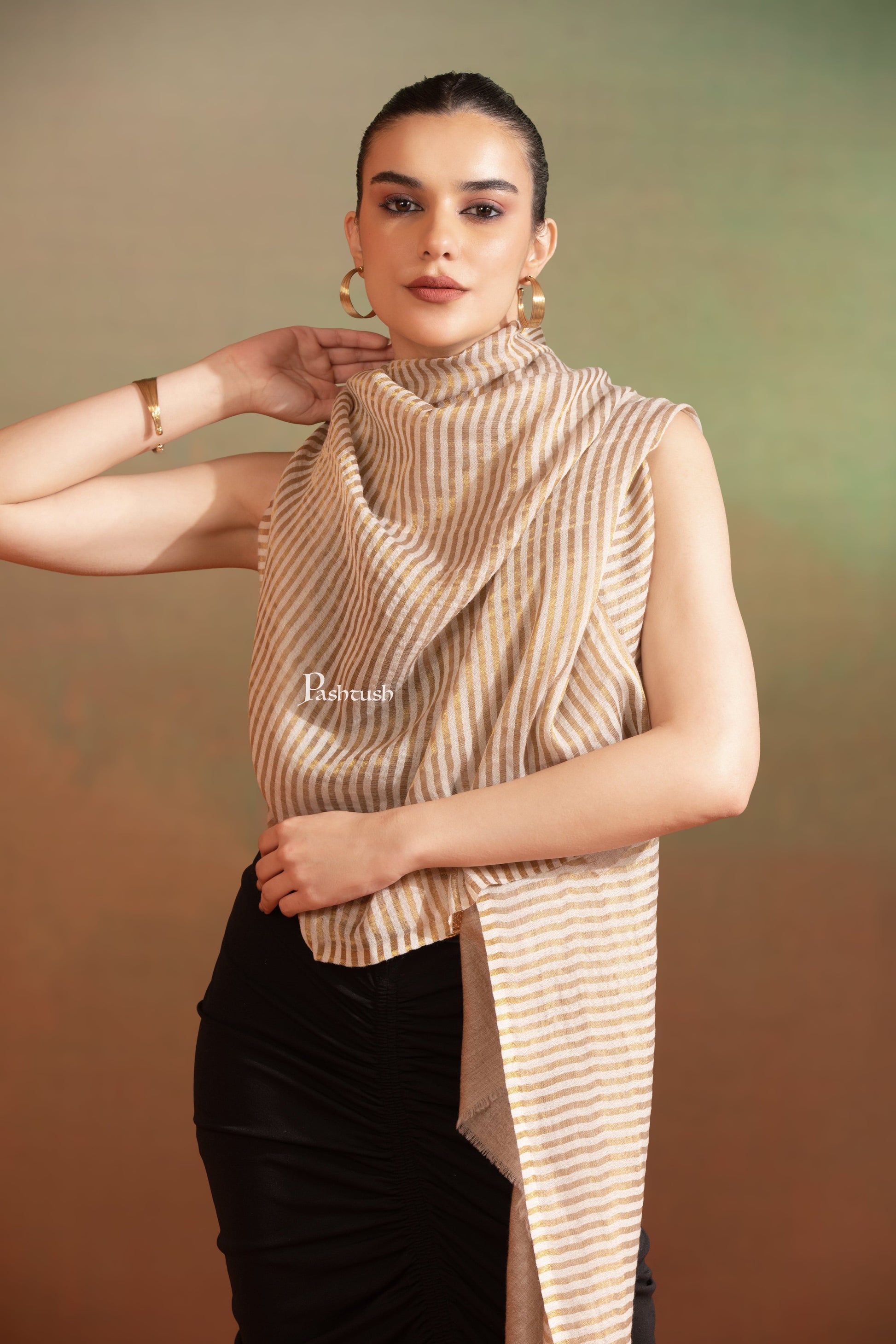 Pashtush India Womens Stoles and Scarves Scarf Pashtush Womens Extra Fine Wool Stole, Twilight Collection, Shimmery Weave Design, Beige