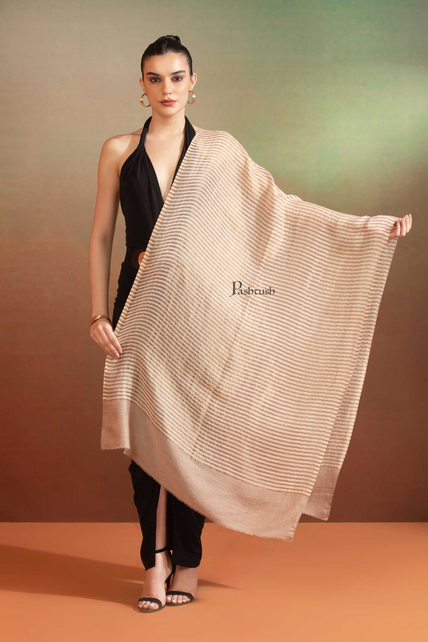 Pashtush India Womens Stoles and Scarves Scarf Pashtush Womens Extra Fine Wool Stole, Twilight Collection, Shimmery Weave Design, Beige