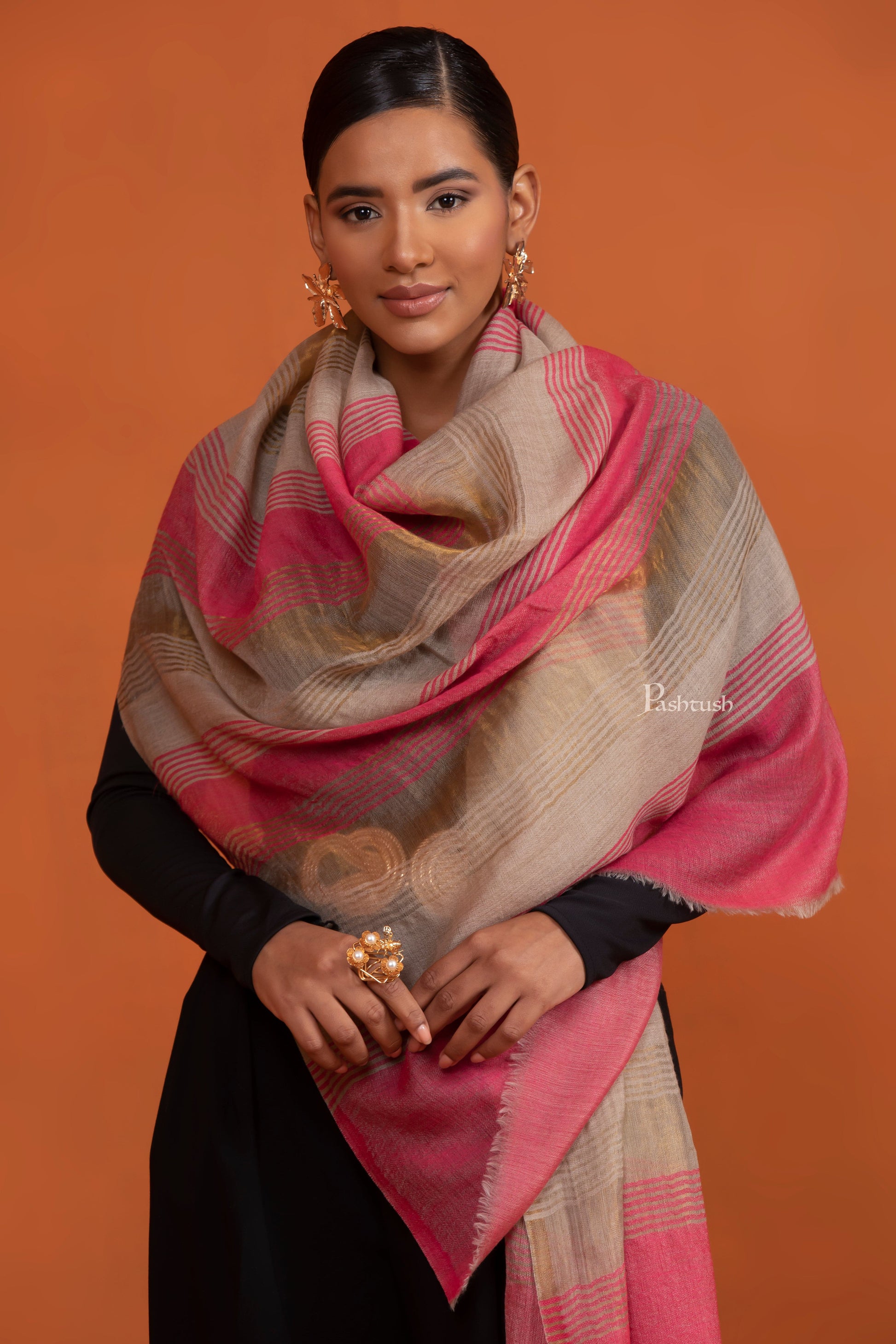 Pashtush India womens scarf and Stoles Pashtush Womens Extra Fine Wool Stole, Twilight Collection Striped Design, Pink And Gold