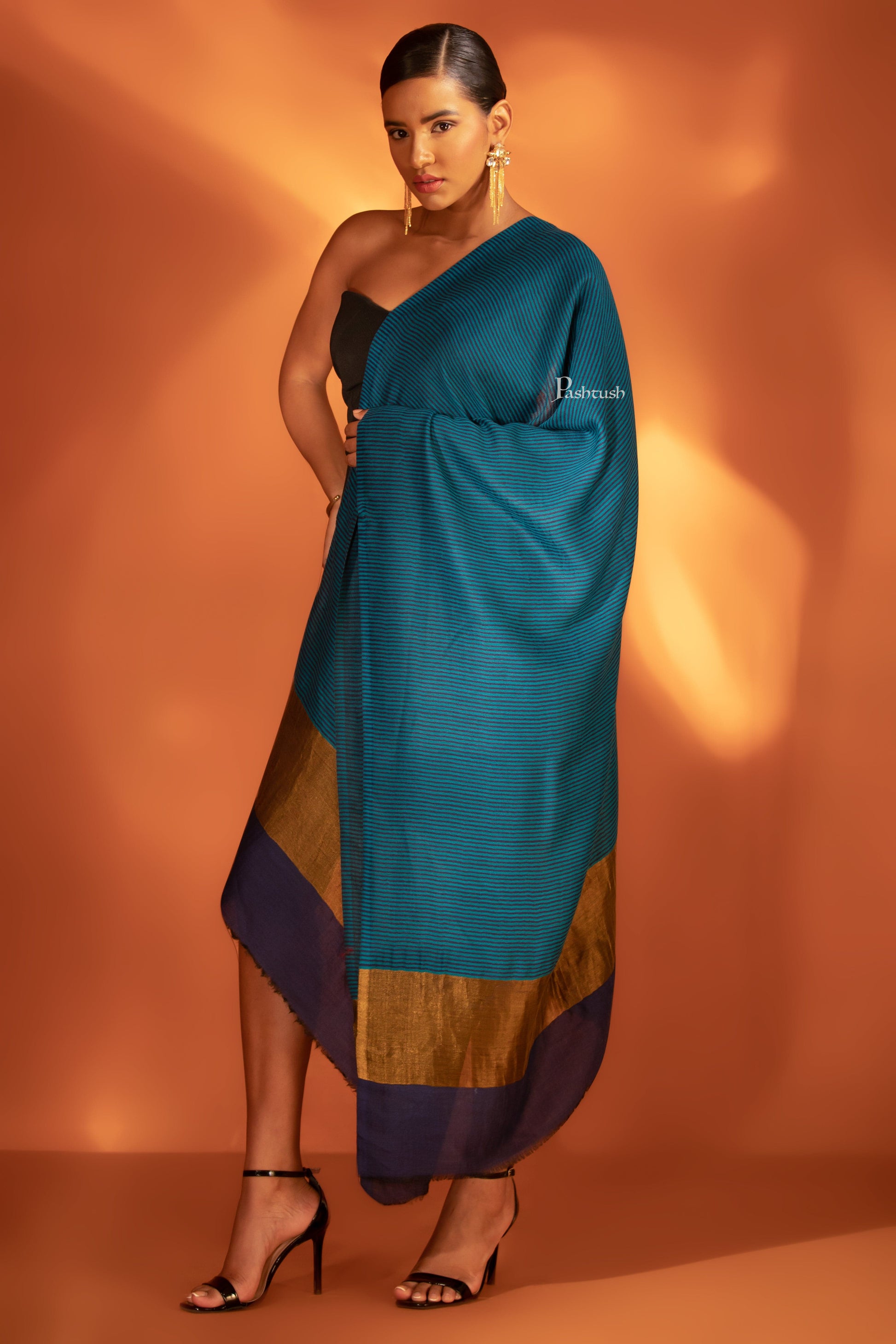 Pashtush India womens scarf and Stoles Pashtush Womens Extra Fine Wool Stole, Twilight Collection, Striped Gold Design, Royal Blue