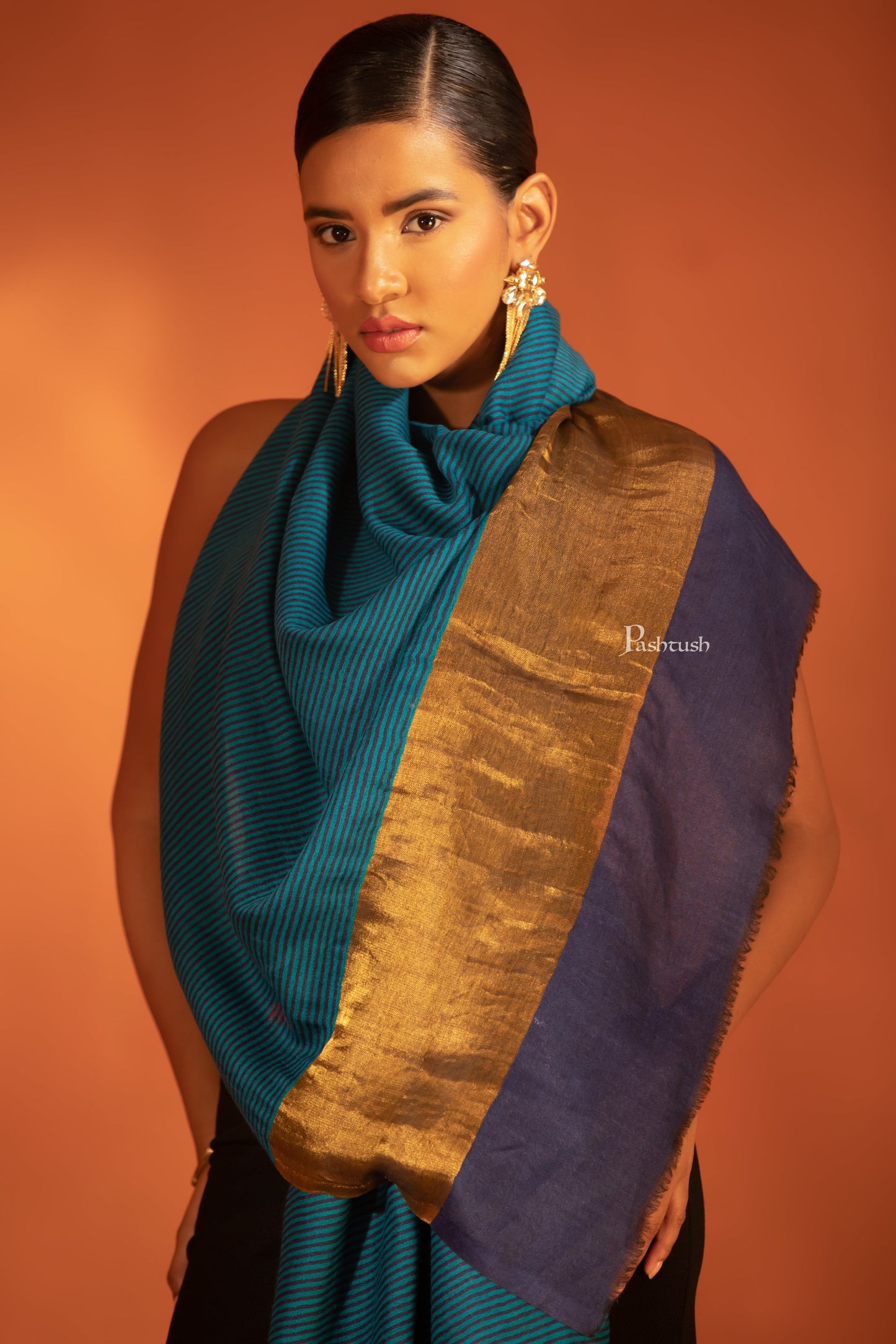 Pashtush India womens scarf and Stoles Pashtush Womens Extra Fine Wool Stole, Twilight Collection, Striped Gold Design, Royal Blue