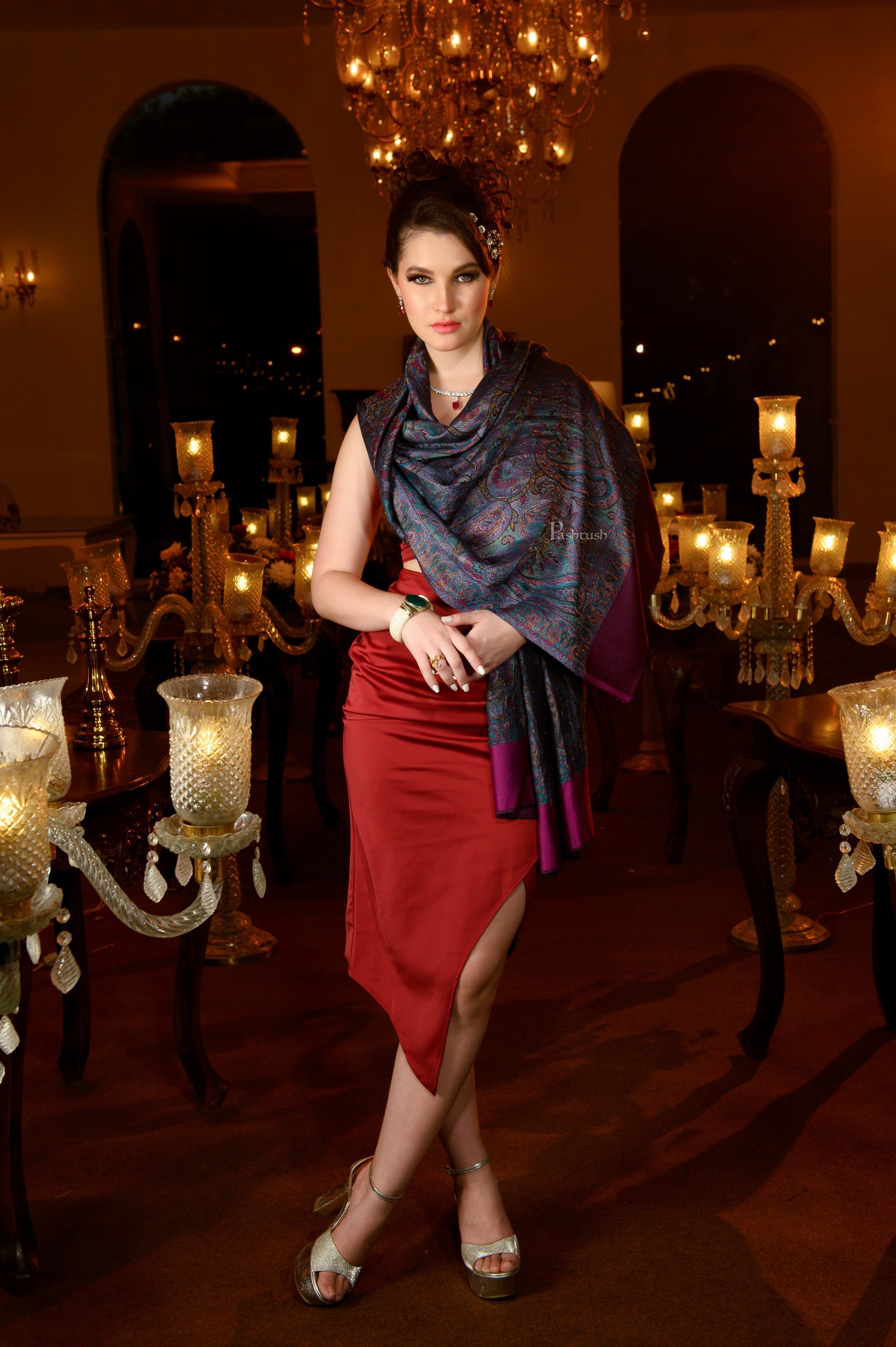 Pashtush India Womens Stoles and Scarves Scarf Pashtush Womens Extra Fine Wool Stole, Twilight Collection, Zari Weave Design, Multicolour