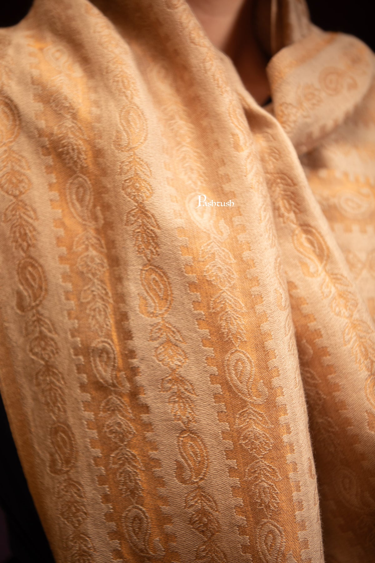 Pashtush India Womens Shawls Pashtush Womens Extra Fine Wool Stole, Twilight Design, Beige