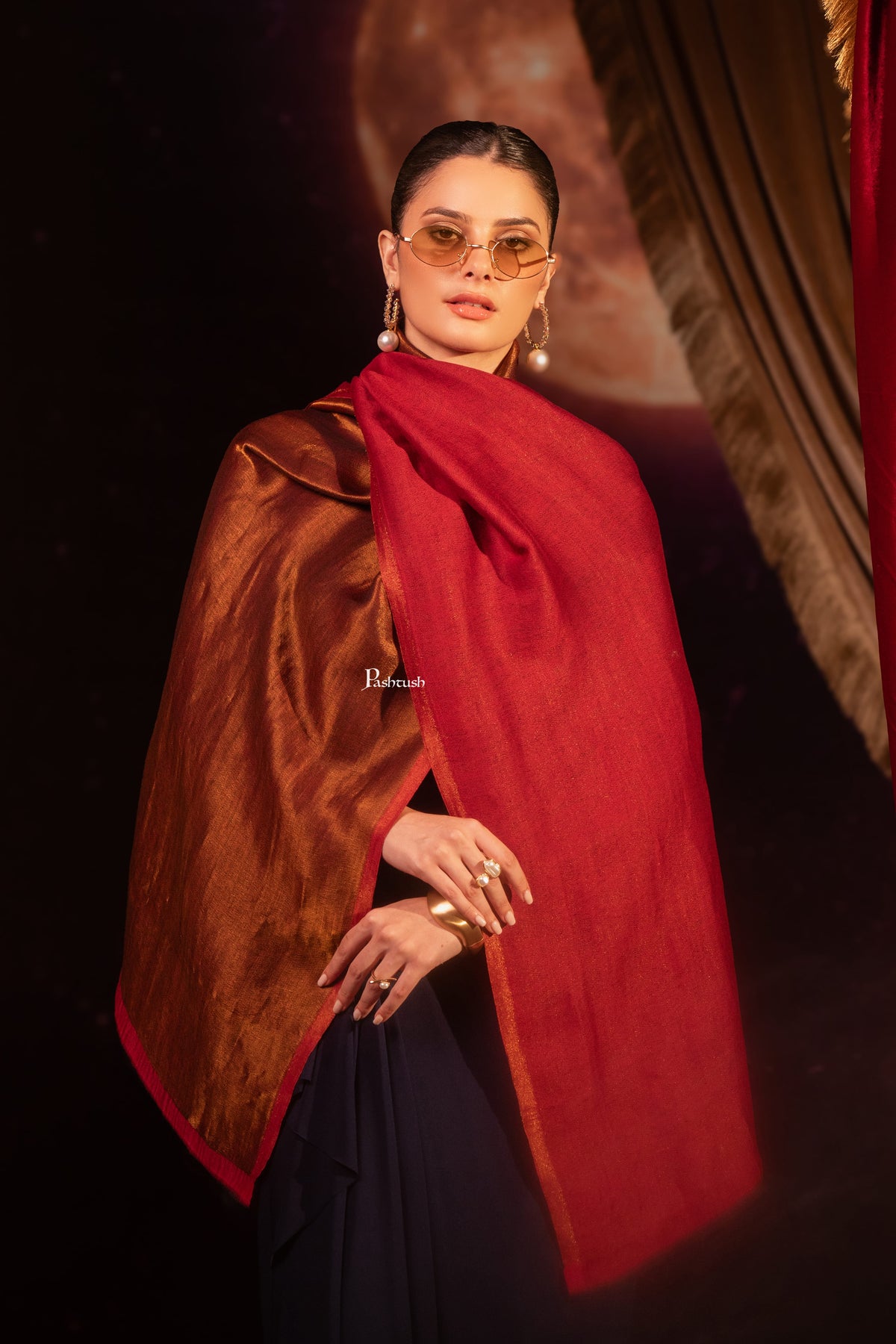 Pashtush India Womens Shawls Pashtush Womens Extra Fine Wool Stole, Twilight Design, Maroon