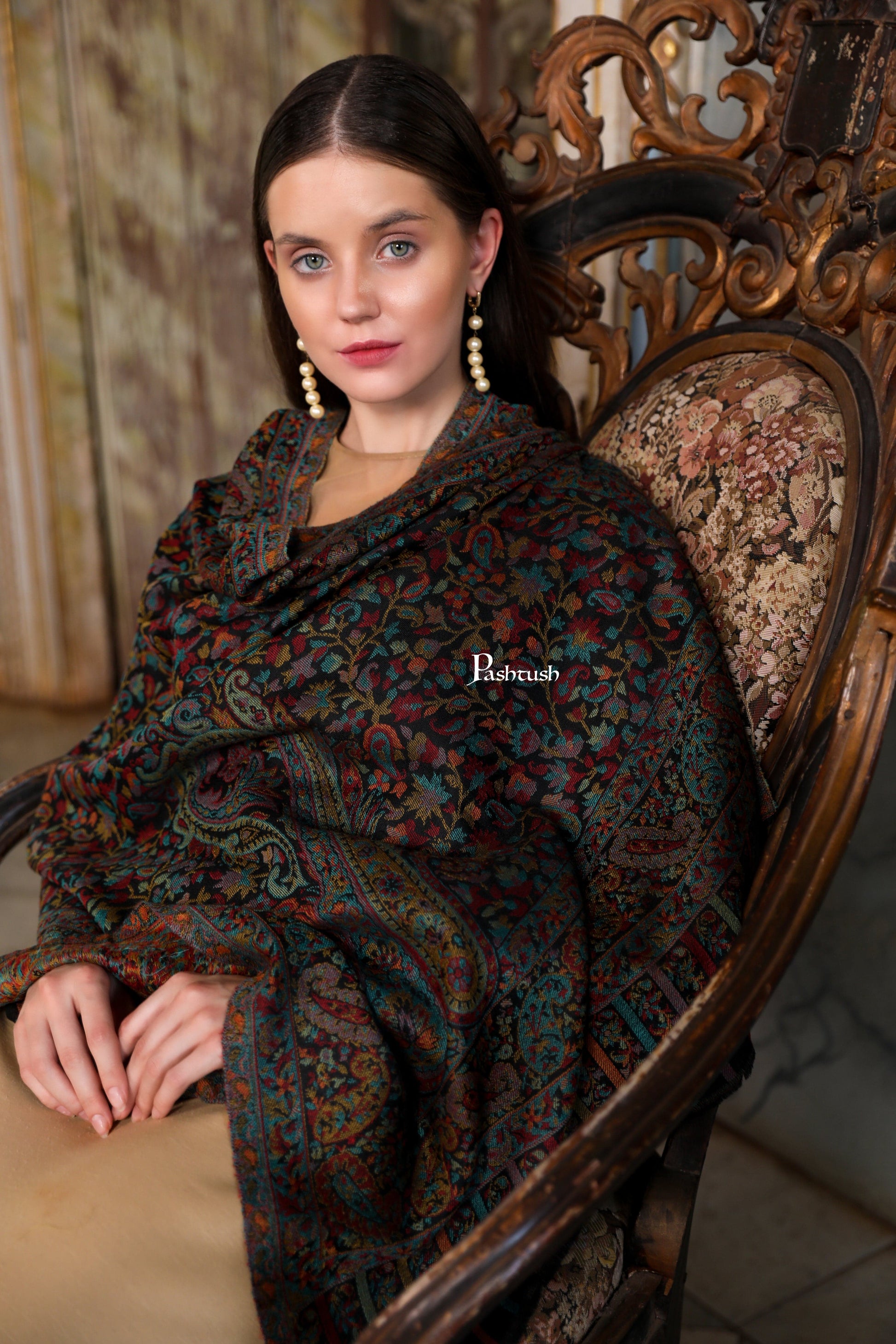 Pashtush India Womens Stoles Pashtush Womens Extra Fine Wool Stole, Woven Ethnic Weave  Design, Black