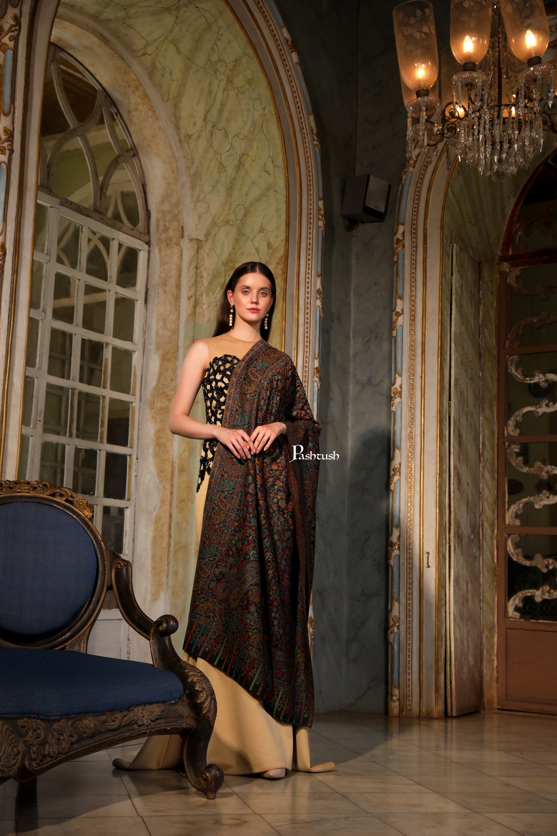 Pashtush India Womens Stoles Pashtush Womens Extra Fine Wool Stole, Woven Ethnic Weave  Design, Black