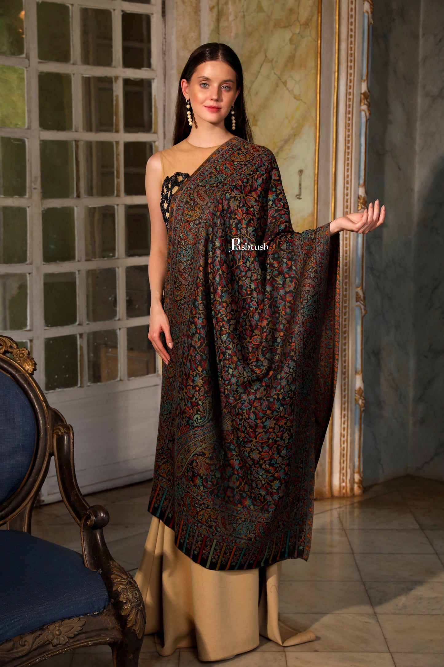 Pashtush India Womens Stoles Pashtush Womens Extra Fine Wool Stole, Woven Ethnic Weave  Design, Black