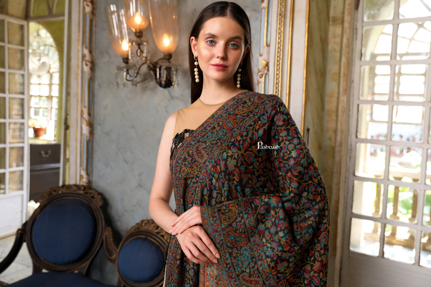 Pashtush India Womens Stoles Pashtush Womens Extra Fine Wool Stole, Woven Ethnic Weave  Design, Black