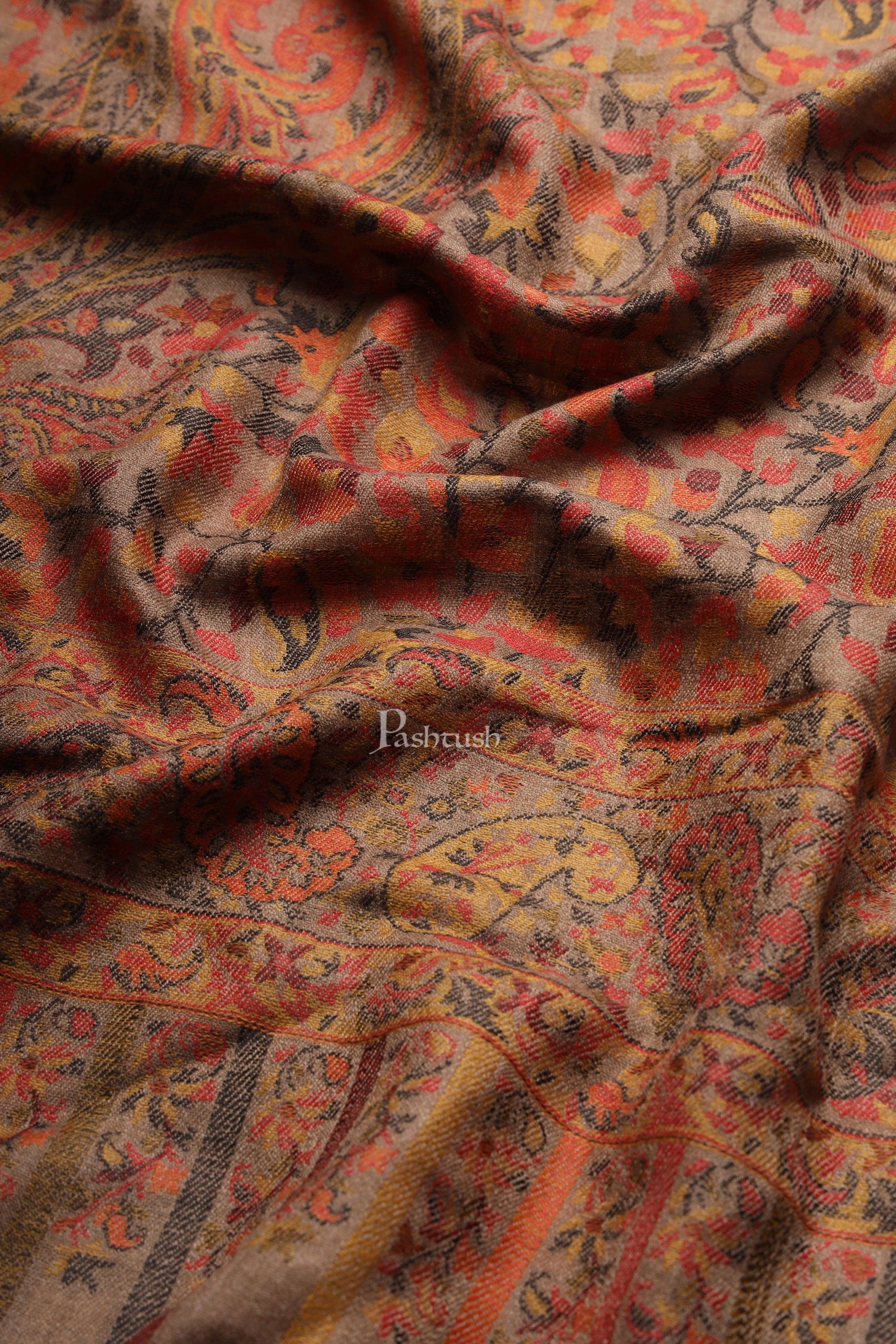 Pashtush India Womens Stoles and Scarves Scarf Pashtush Womens Extra Fine Wool Stole, Woven Ethnic Weave Design, Taupe
