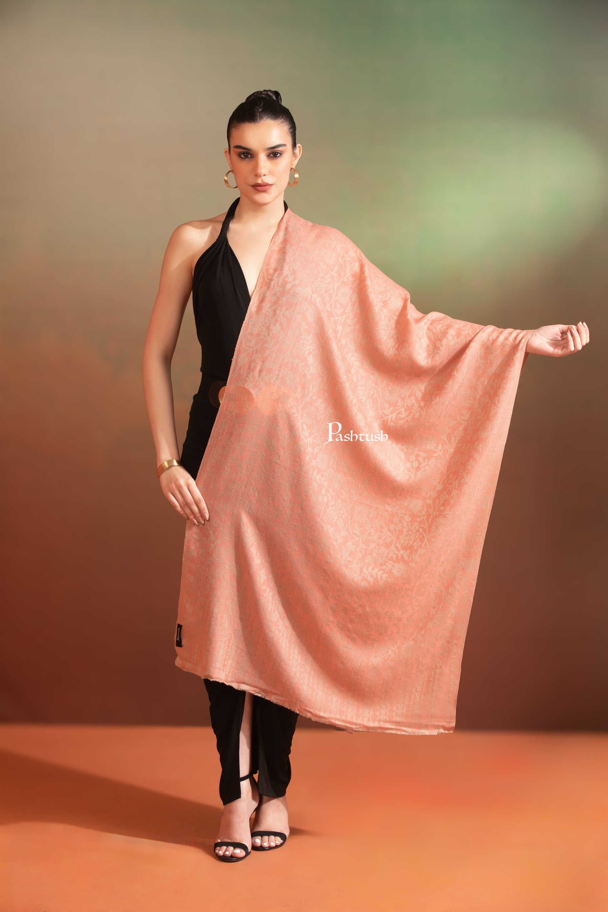 Pashtush India Womens Stoles and Scarves Scarf Pashtush Womens Extra Fine Wool Stole, Woven Floral, Subtle Design, maroon