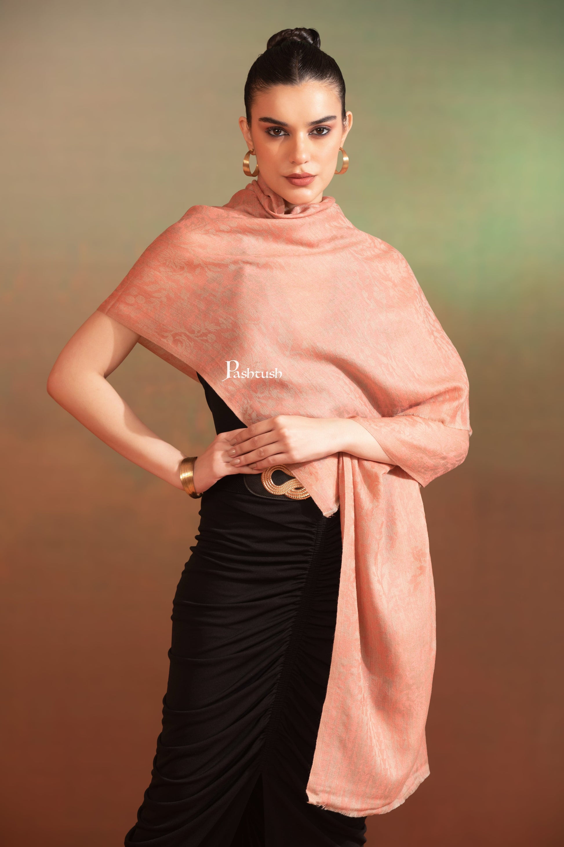 Pashtush India Womens Stoles and Scarves Scarf Pashtush Womens Extra Fine Wool Stole, Woven Floral, Subtle Design, maroon