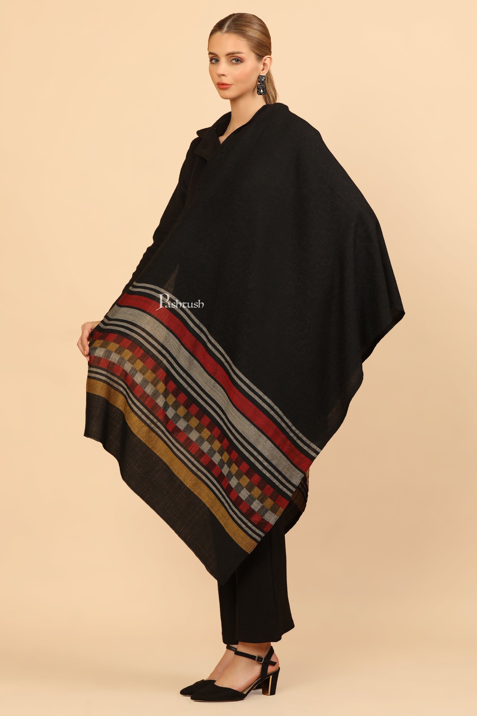 Pashtush India Womens Stoles and Scarves Scarf Pashtush Womens Extra Fine Wool Stole, Woven Geometric Design, Black