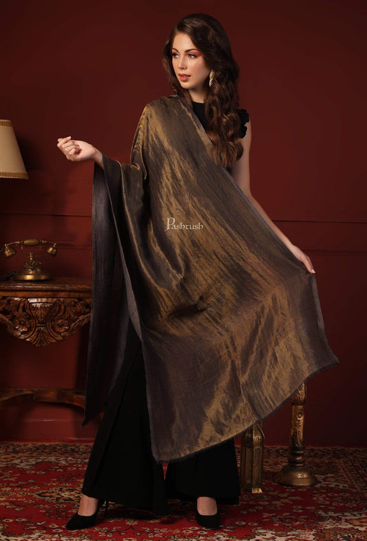 Pashtush India Womens Shawls Pashtush Womens, Extra Fine Wool, Twilight Shawl, With Shimmery Zari Thread Weave, Grey Gold