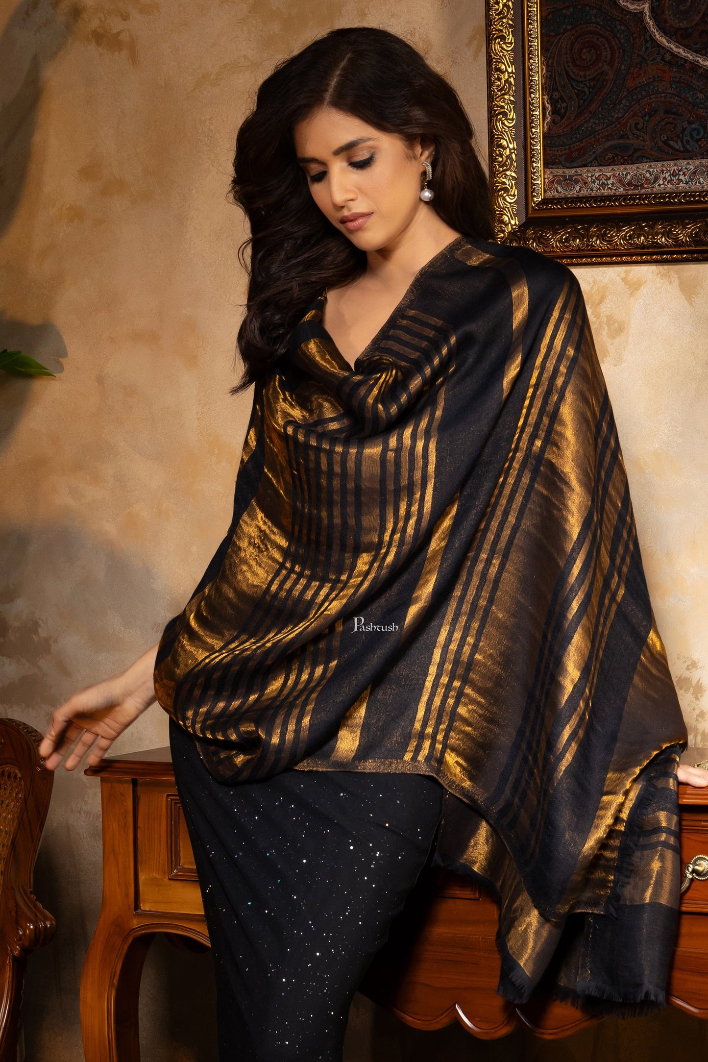 Pashtush India Womens Stoles and Scarves Scarf Pashtush Womens, Extra Fine Wool, Twilight Striped Scarf, With Shimmery Metallic Zari Thread Weave Black