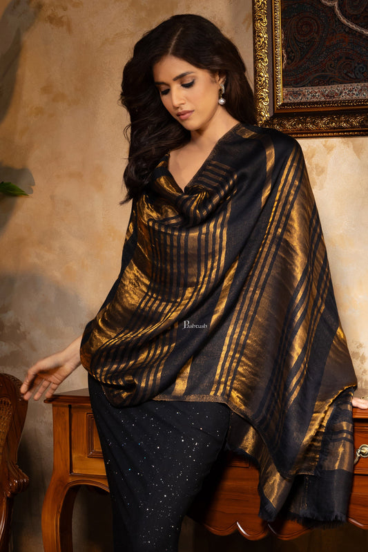 Pashtush India Womens Stoles and Scarves Scarf Pashtush Womens, Extra Fine Wool, Twilight Striped Scarf, With Shimmery Metallic Zari Thread Weave Black