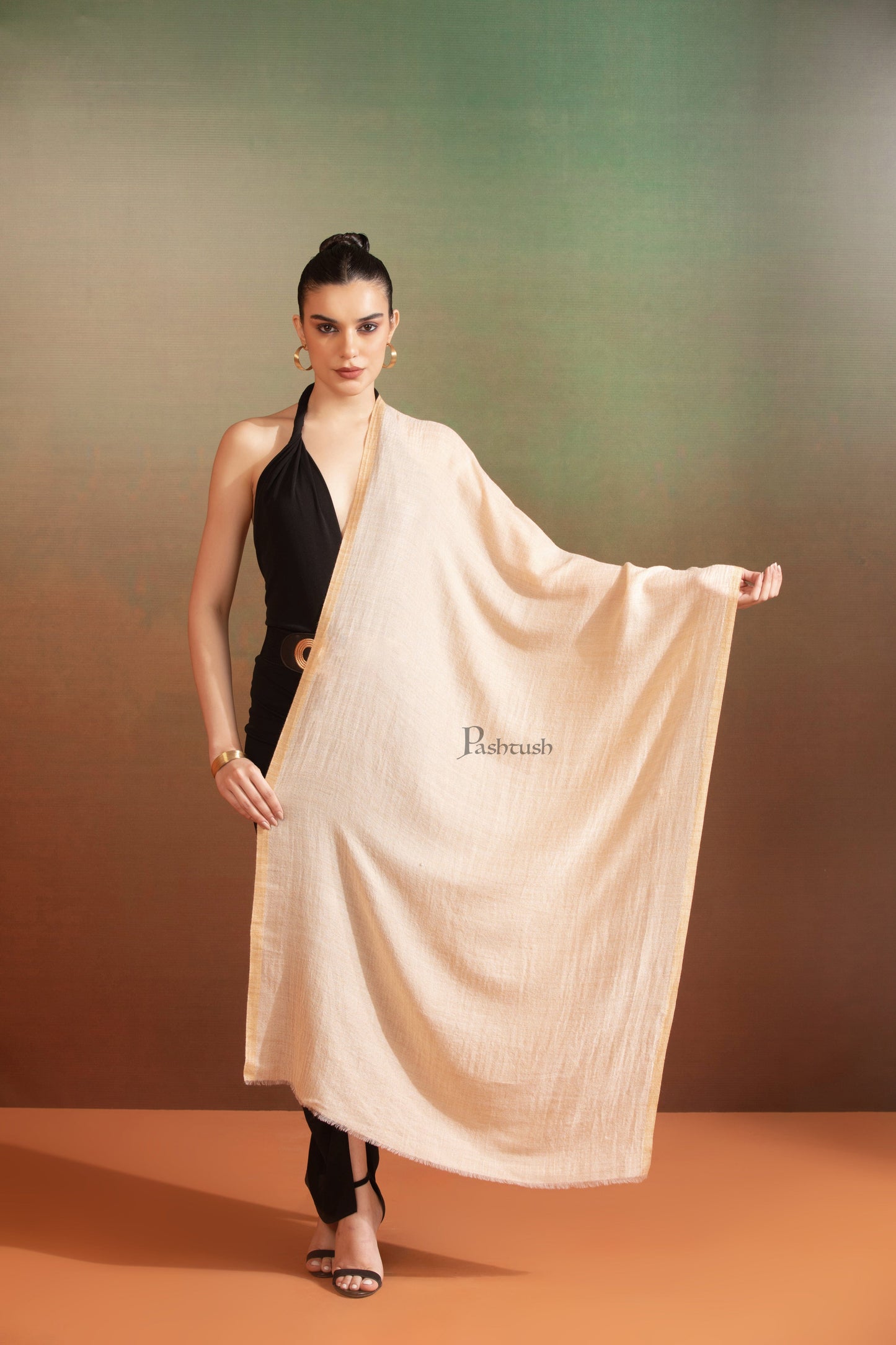 Pashtush India Womens Stoles and Scarves Scarf Pashtush Womens Extra Fine Wool with zari Stole, Design, Cream Gold