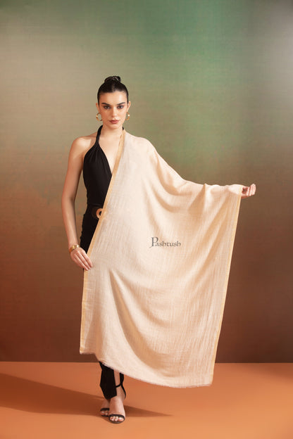 Pashtush India Womens Stoles and Scarves Scarf Pashtush Womens Extra Fine Wool with zari Stole, Design, Cream Gold