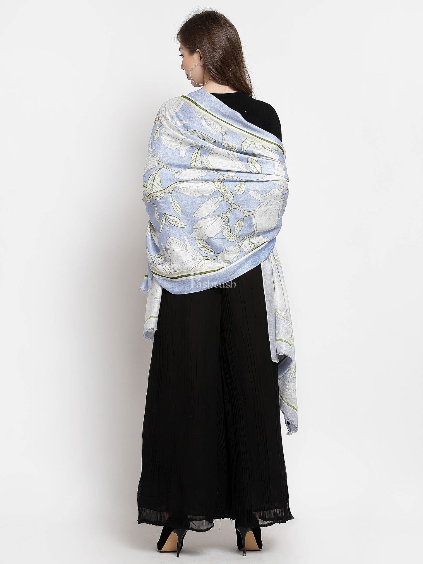 Pashtush India Womens Stoles and Scarves Scarf Pashtush Womens Extra Soft Bamboo Scarf, Printed Delicate Florals, Alice Blue