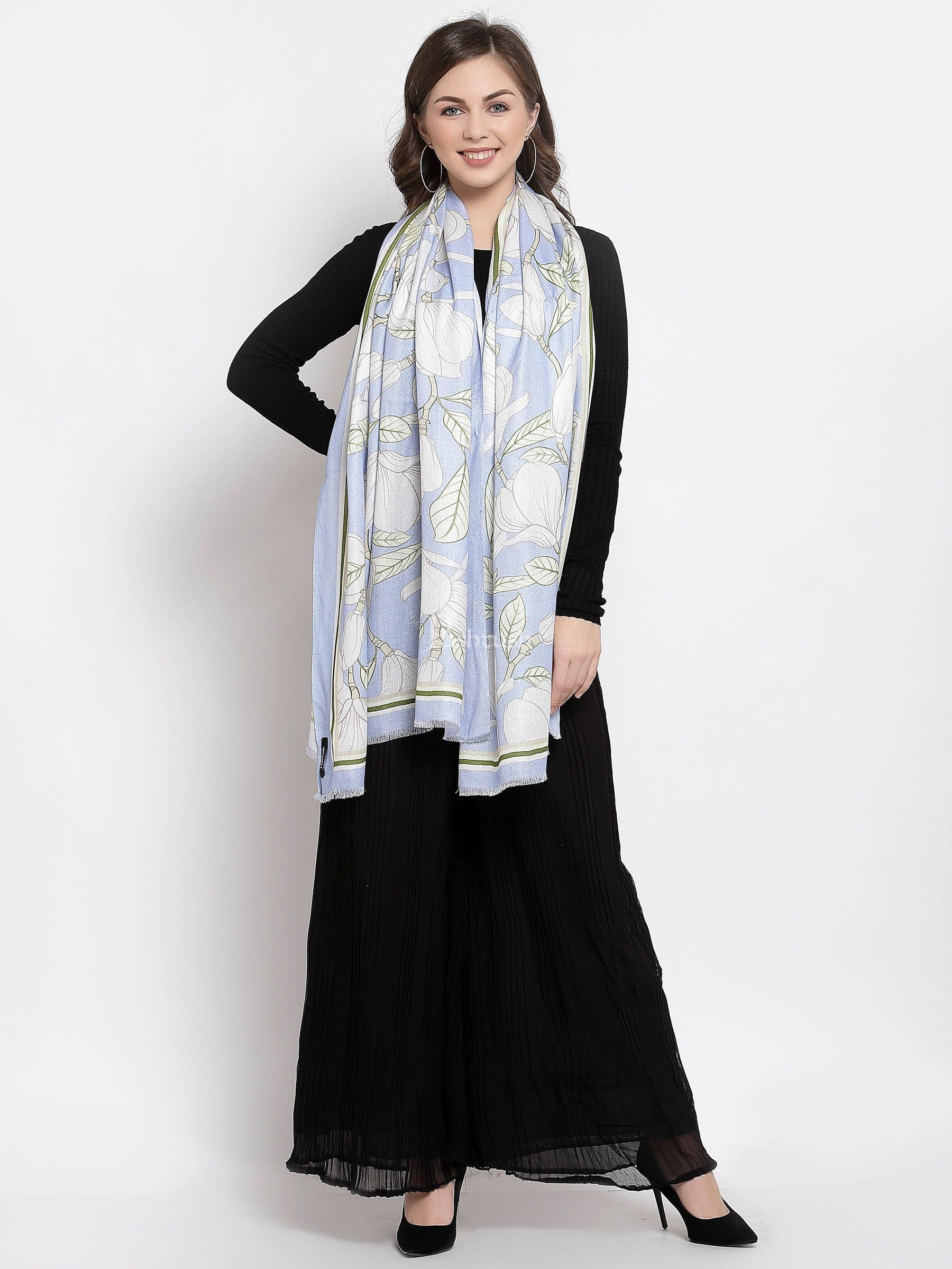 Pashtush India Womens Stoles and Scarves Scarf Pashtush Womens Extra Soft Bamboo Scarf, Printed Delicate Florals, Alice Blue