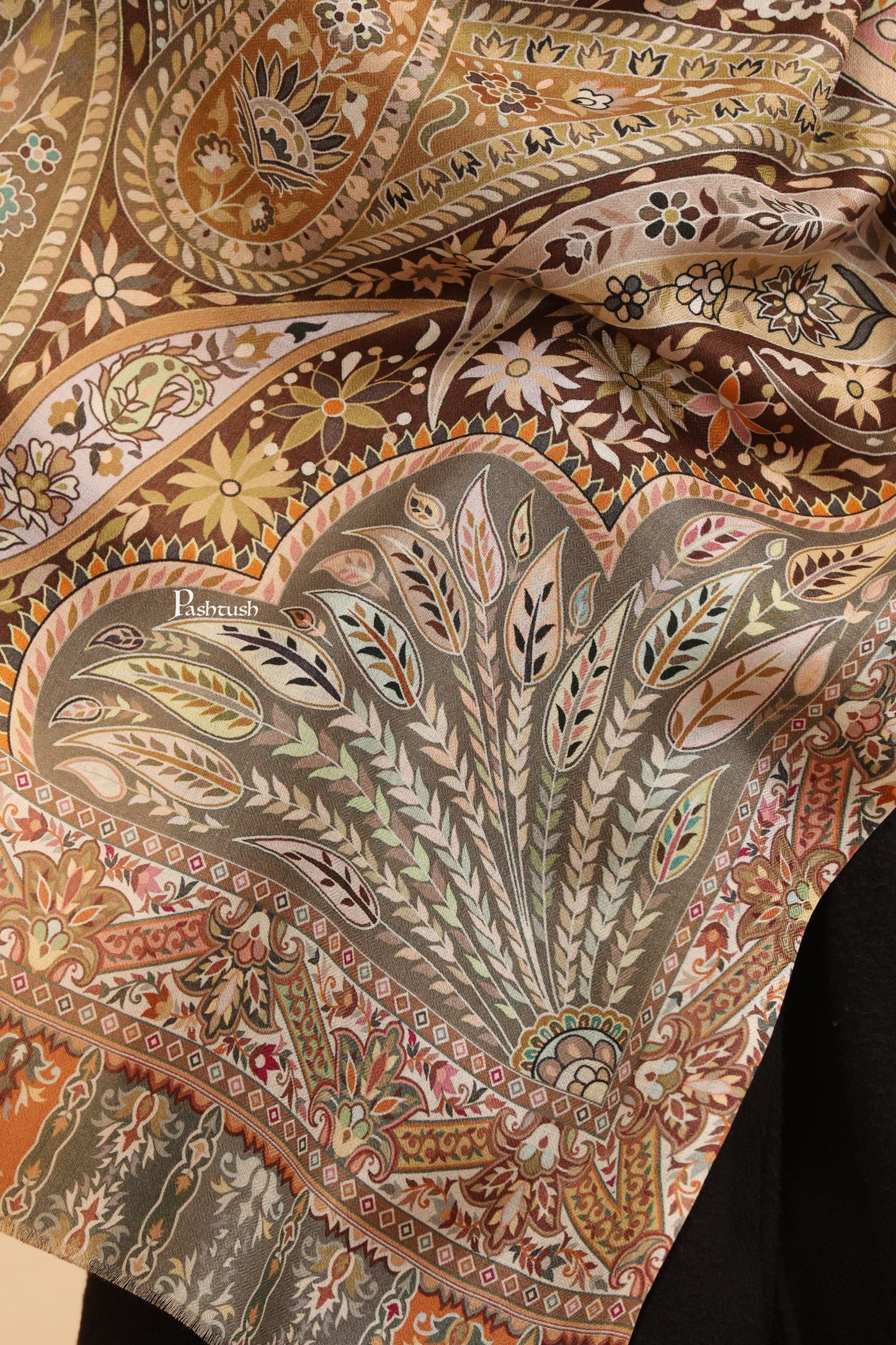 Pashtush India Womens Stoles and Scarves Scarf Pashtush Womens Extra Soft Bamboo Stole, Printed Design, Beige