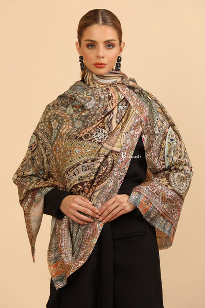 Pashtush India Womens Stoles and Scarves Scarf Pashtush Womens Extra Soft Bamboo Stole, Printed Design, Beige
