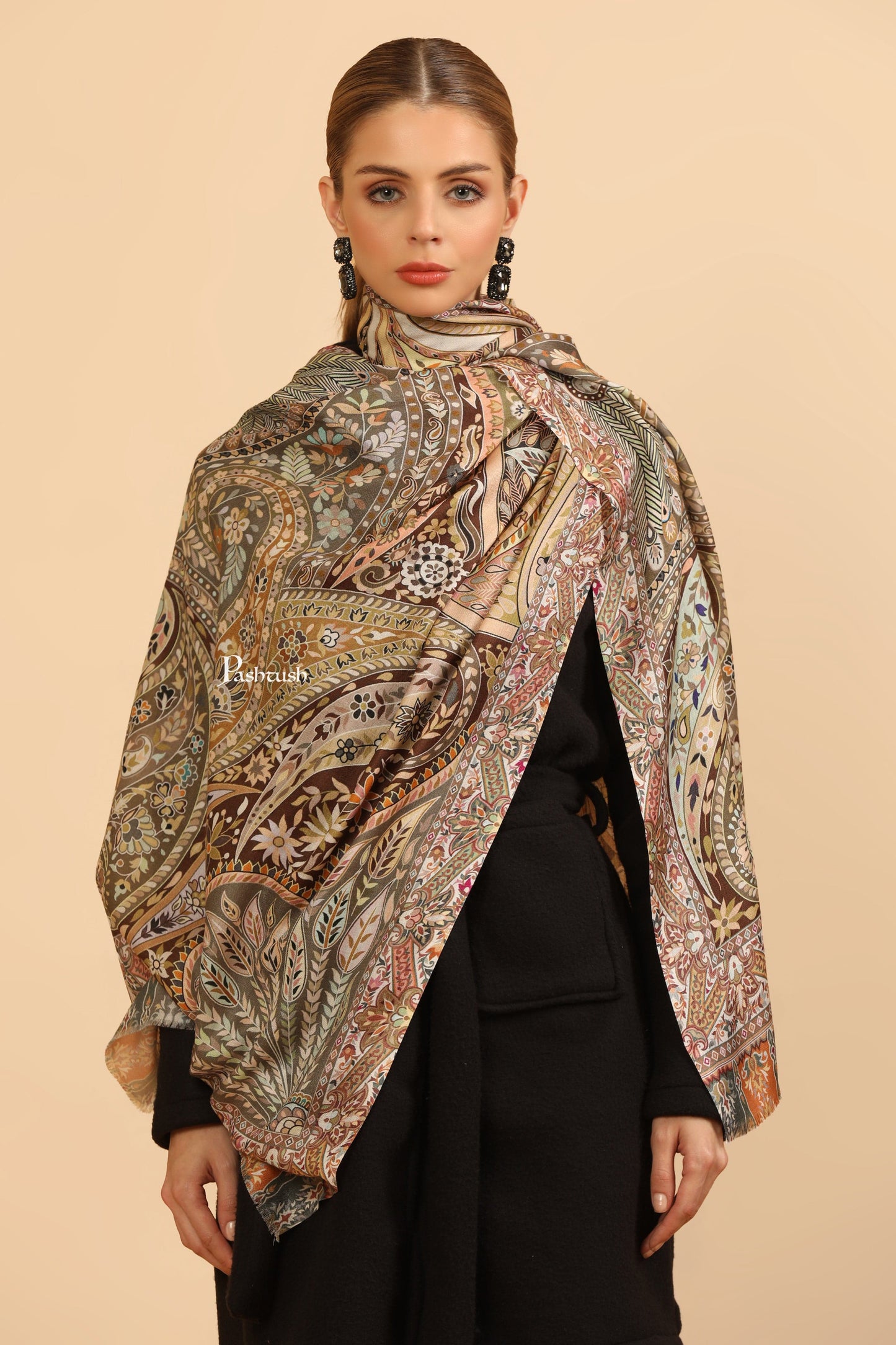 Pashtush India Womens Stoles and Scarves Scarf Pashtush Womens Extra Soft Bamboo Stole, Printed Design, Beige