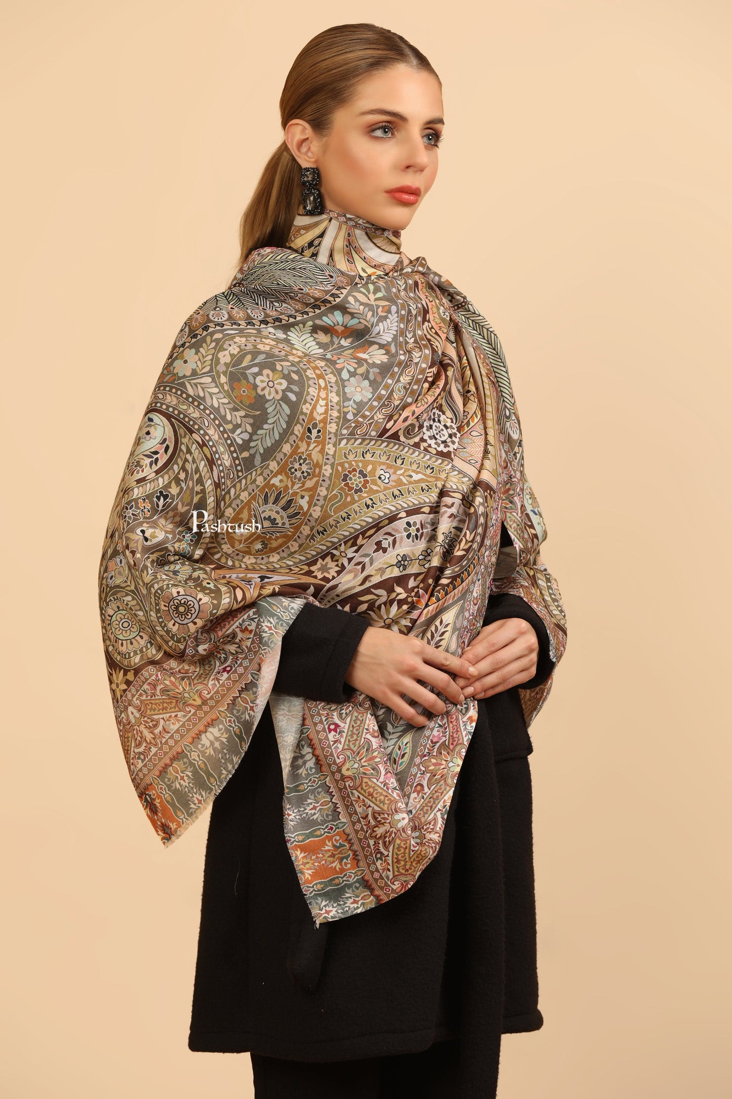 Pashtush India Womens Stoles and Scarves Scarf Pashtush Womens Extra Soft Bamboo Stole, Printed Design, Beige